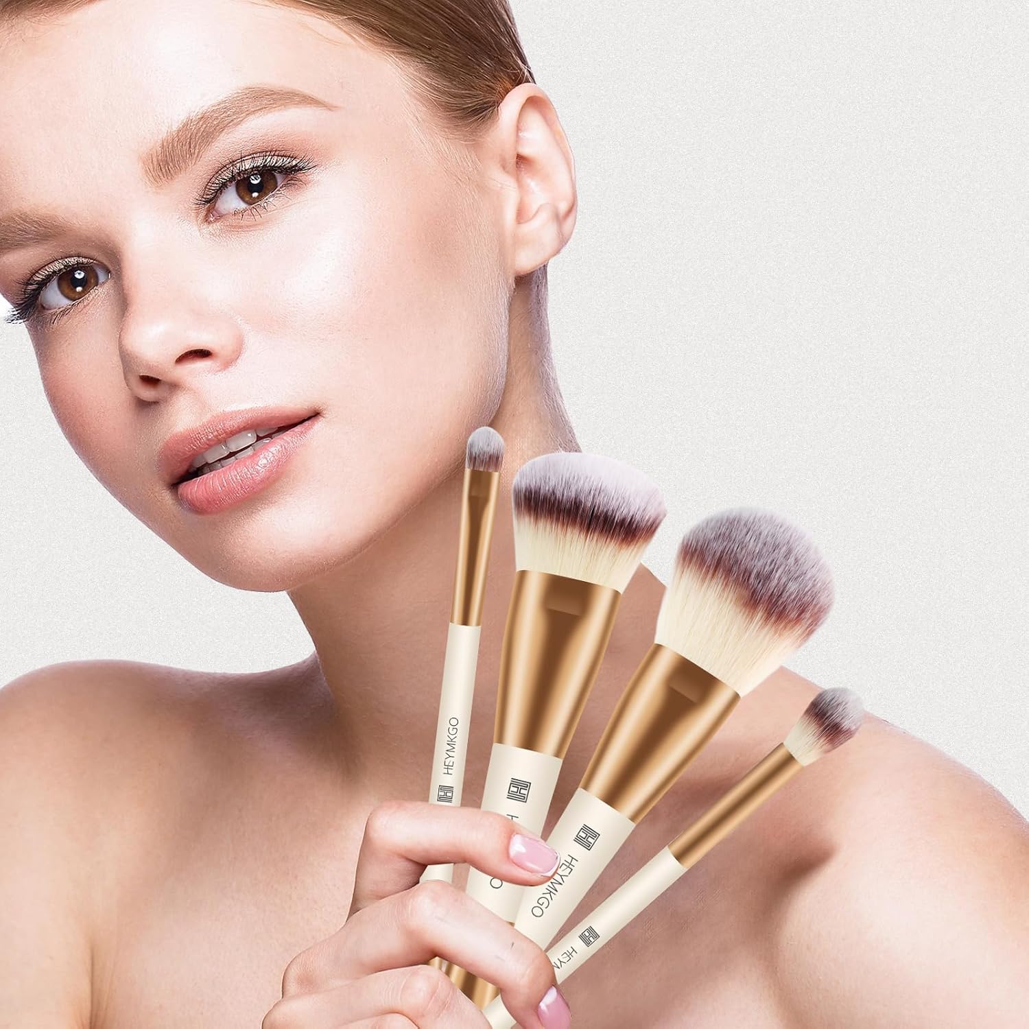 HEYMKGO Makeup Brushes Set, 4Pcs Double-ended Foundation Contour Powder Blush Concealer Eyeshadow Brush Set for Liquid, Cream, Powder for Blending Buffing Professional Face Brush Set Tools(Apricot) - Image 6