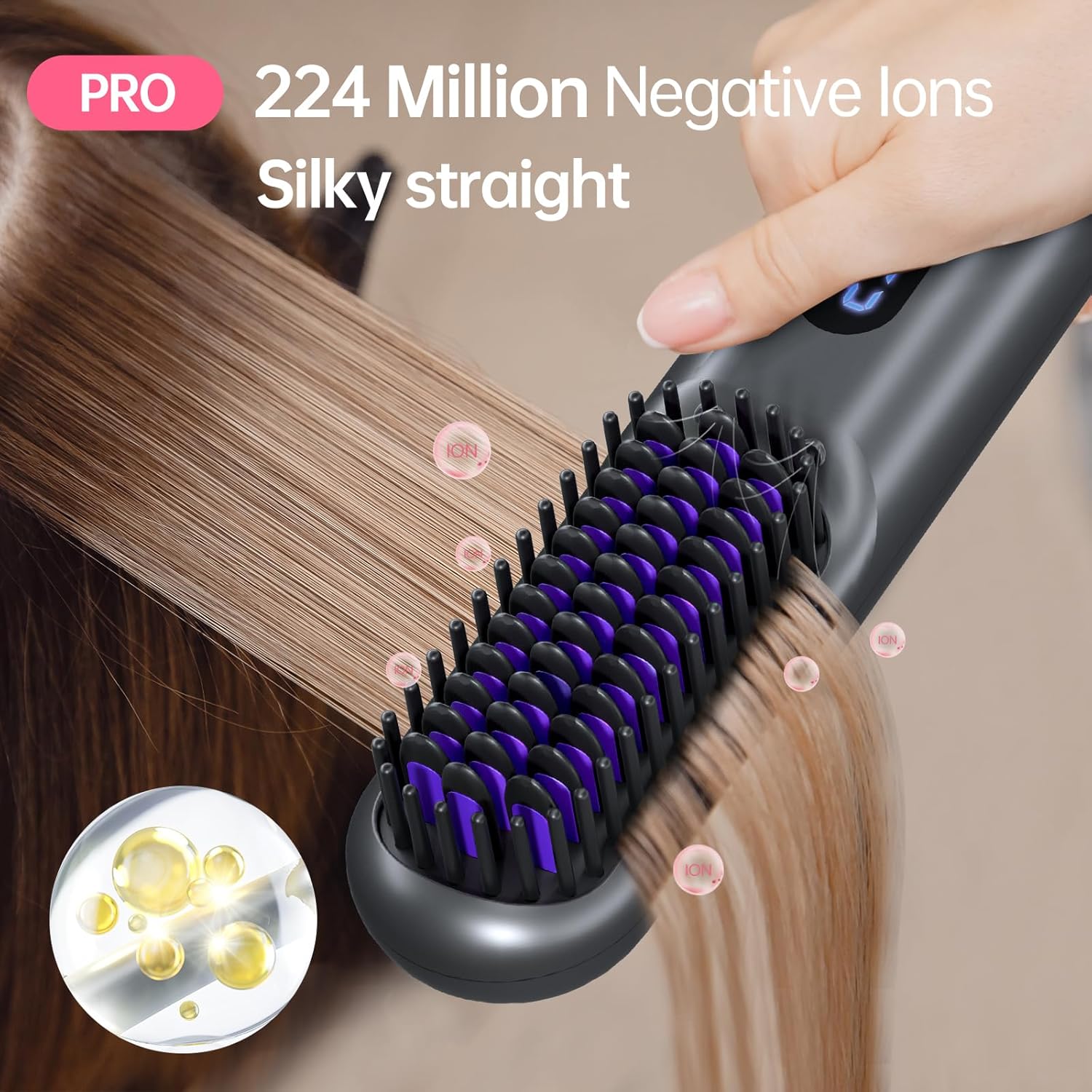 Cordless Hair Straightener Brush-Portable Straightening Comb, 9600mAh Batt, Plasma Tech, 9 Temp-Settings & LED Display, for Travel & Home (Metallic Grey) - Image 3