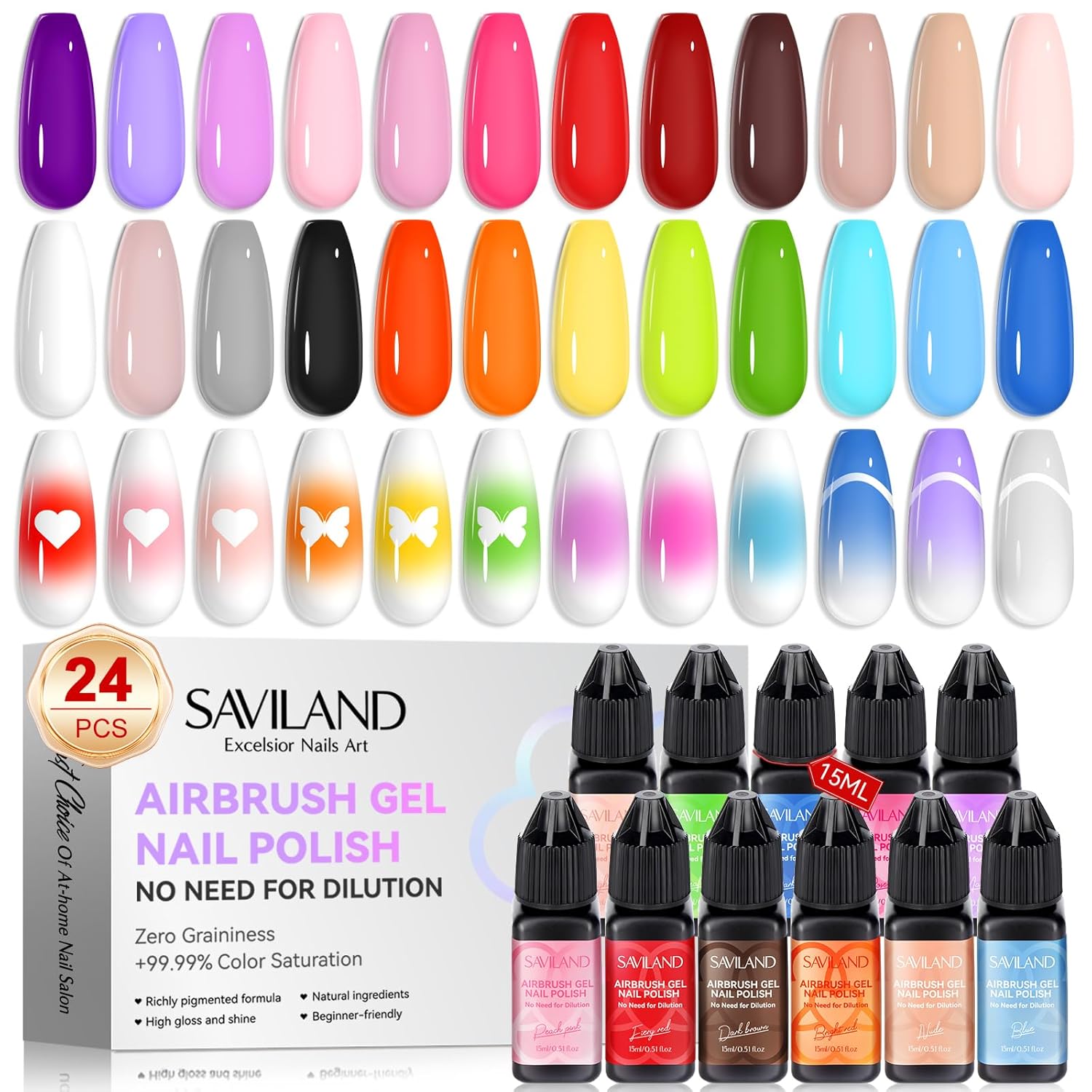 SAVILAND Airbrush Gel Nail Polish: Dilution-Free 24 Colors Airbrush for Nails with Airbrush for Gradients Nails Blush Nails Layered Nail Art Various Pattern High Color Saturation for Home Salon Kit