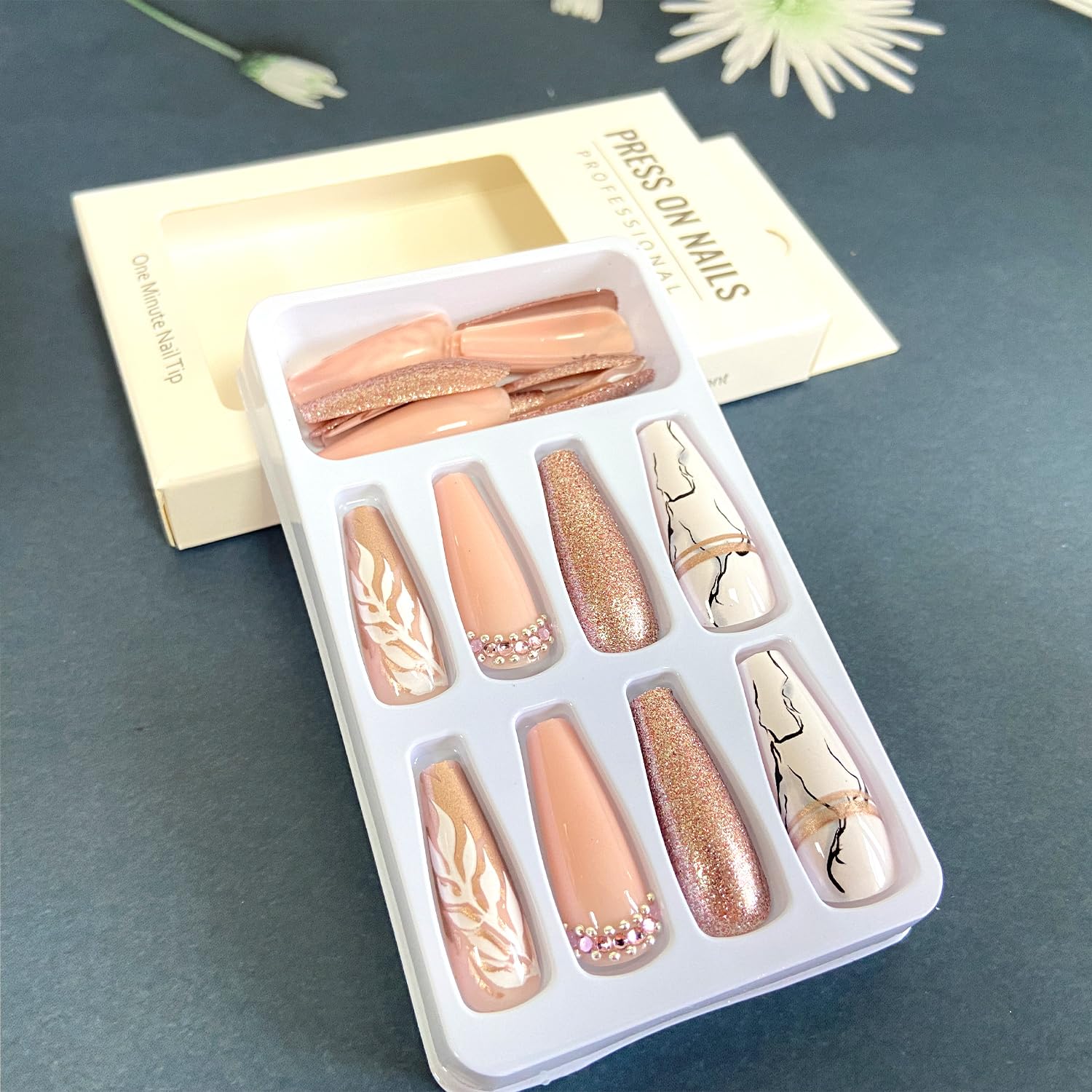 Rose Gold Glitter Press on Nails Square Extra Long Ballerina Fake Nails White Leaves Marble Pattern False Nails with Rhinestones Design Reusable Full Cover Artificial Nails with Glue Stick on Nails - Image 4