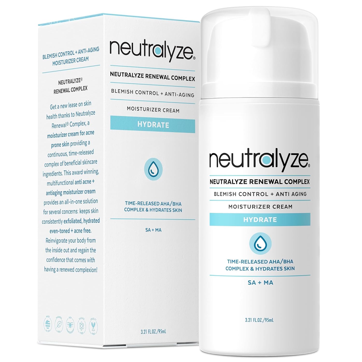 Renewal Complex Acne Moisturizer for Face, Back & Body - Time Released, Professional Grade AHA + BHA Facial Moisturizer Cream with 2% Mandelic Acid & 2% Salicylic Acid - Daily Moisturizer for Acne