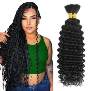 Human Braiding Hair for Boho Braids 12A Deep Water Wave Bulk Human Hair for Braiding No Weft Wet and Wavy Curly Human Hair Extensions (1B-Natural Black-Deep, 110g-22 Inch)