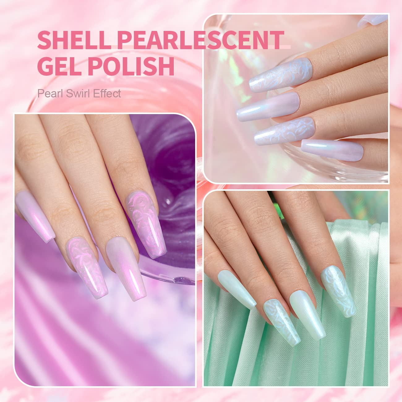 RARJSM Pearl Gel Nail Polish Set 6 Colors Pearlescent Shell Glitter White Gold Pink Green Purple Shimmer Mermaid Nail Gel Polish Soak Off Curing Requires Swirl Thread Effect DIY Manicure Use - Image 3
