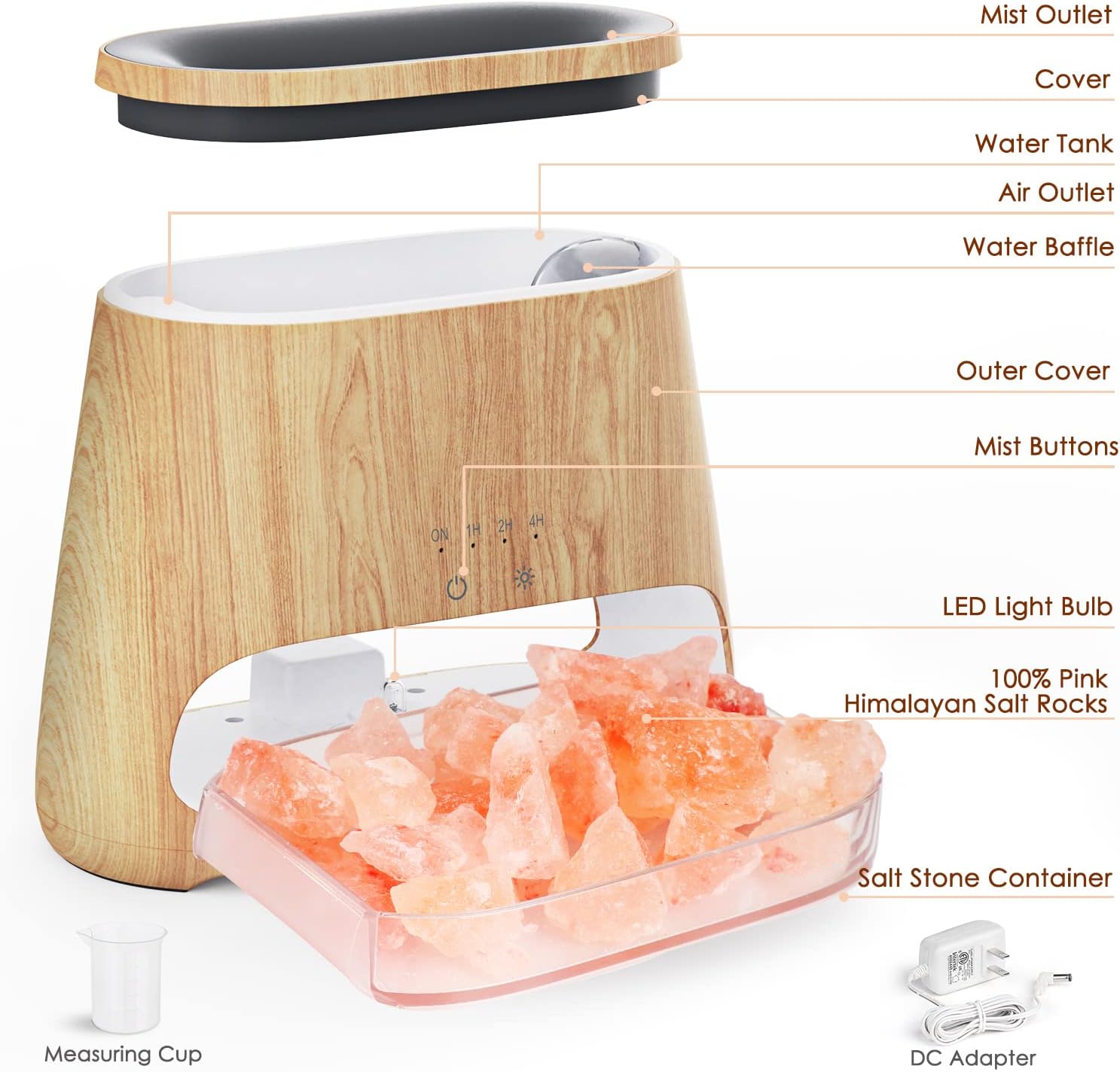 SALKING 2-in-1 Ultrasonic Essential Oil Diffuser & Himalayan Salt Lamp, Aromatherapy Diffuser Cool Mist Humidifier with Auto Off Function, 100% Pure Himalayan Pink Salt Rock, 150ml (Wooden Grain) - Image 7