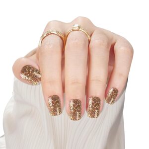 Press on Fake Nails, Short Square Design Glue on Nails, 24Pcs Glitter Gold Gel Manicure False Nails Reusabel Glossy Acrylic Stick on Press ons Nails Kit for Women Girls
