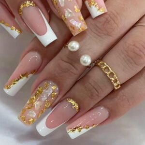 Gold Foil Press on Nails Long Square Fake Nails French Tip False Nails Shiny Glossy Full Cover Acrylic Stick on Nails Luxury Glue on Nails Nude Artificial Nails for Women and Girls Manicure Kit 24pcs