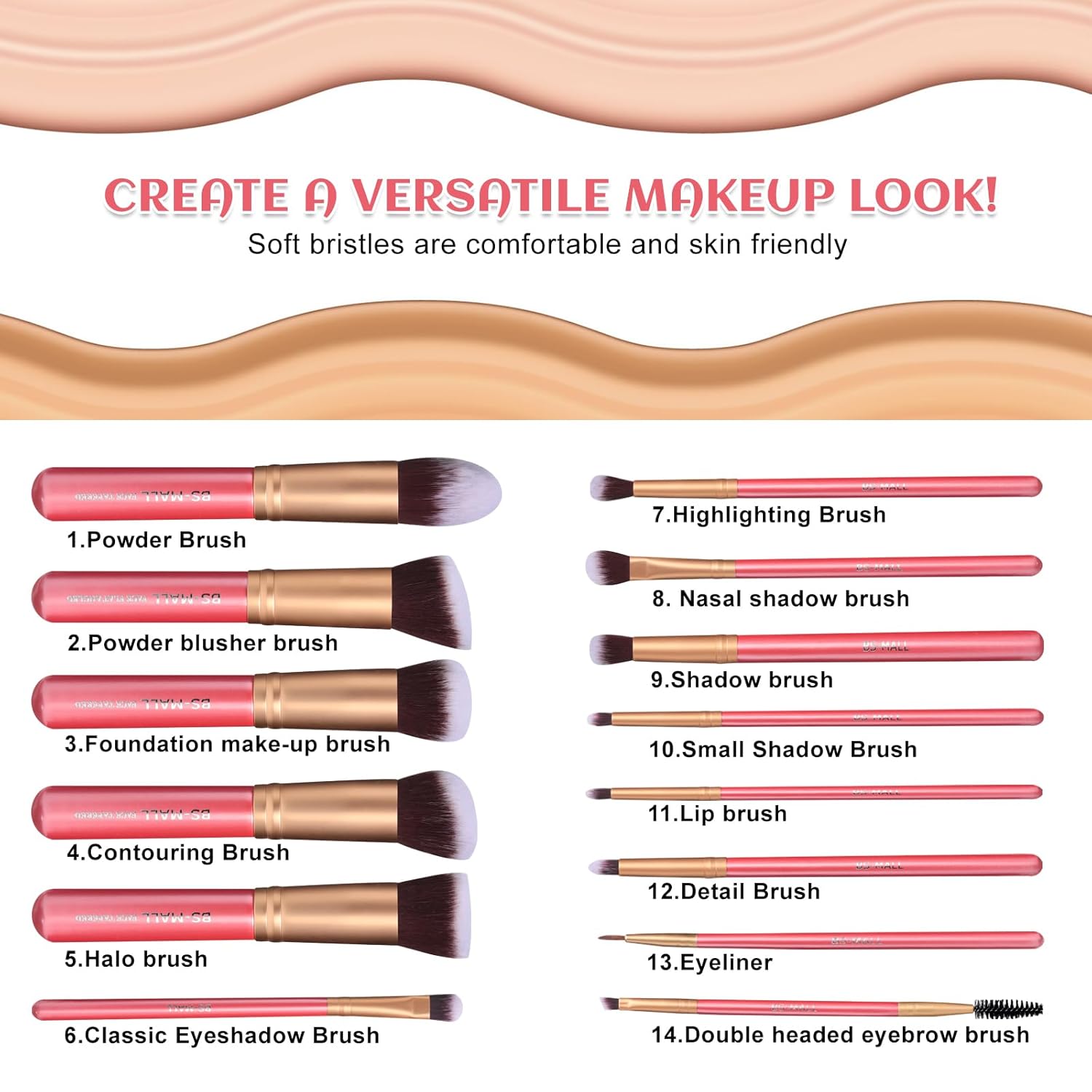 BS-MALL New 14 Pcs Makeup Brushes Premium Synthetic Kabuki Makeup Brush Set Cosmetics Foundation Blending Blush Eyeliner Face Powder Brush Makeup Brush Kit(golden Pink) - Image 3