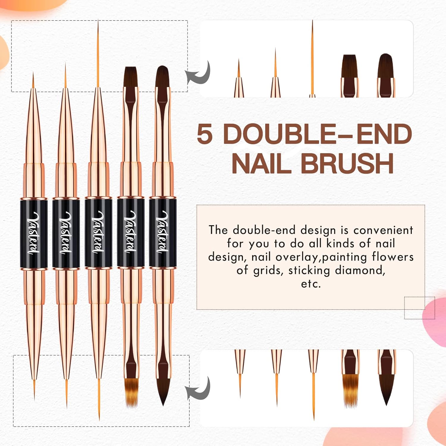 Yasterd Nail Art Brush Set Professional- 5pcs Double-Ended Nail Art Brushes for Long Lines, Thin Liner brush for Nails Detail, Nail Design Brush Ombre Brush 3D Brush Kits for Gel Polish Acrylic Nail Drawing - Image 7