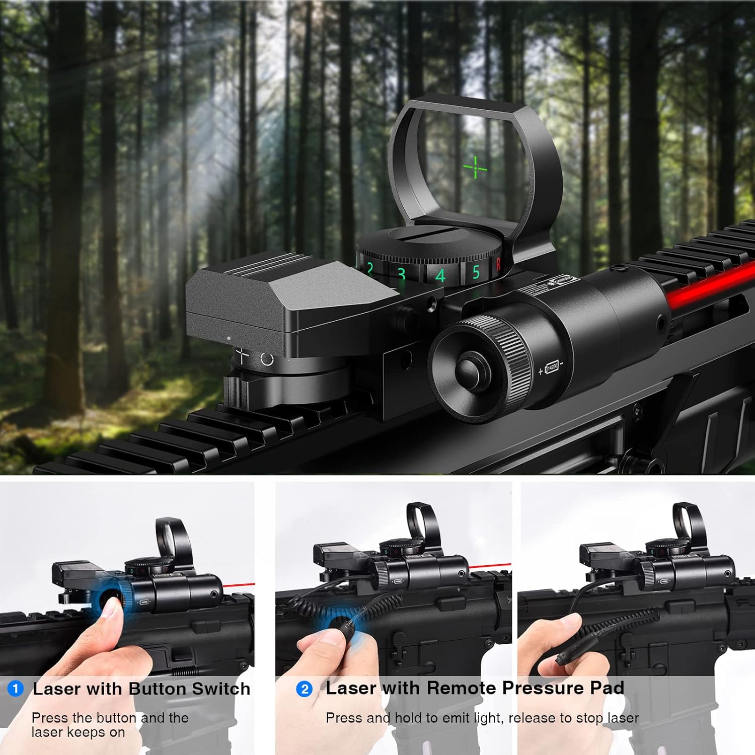 CVLIFE 1X22X33 Reflex Sight Red Dot Sight Red Green 4 Reticle Optics with Laser and Pressure Pad Switch for 20mm Rail - Image 2