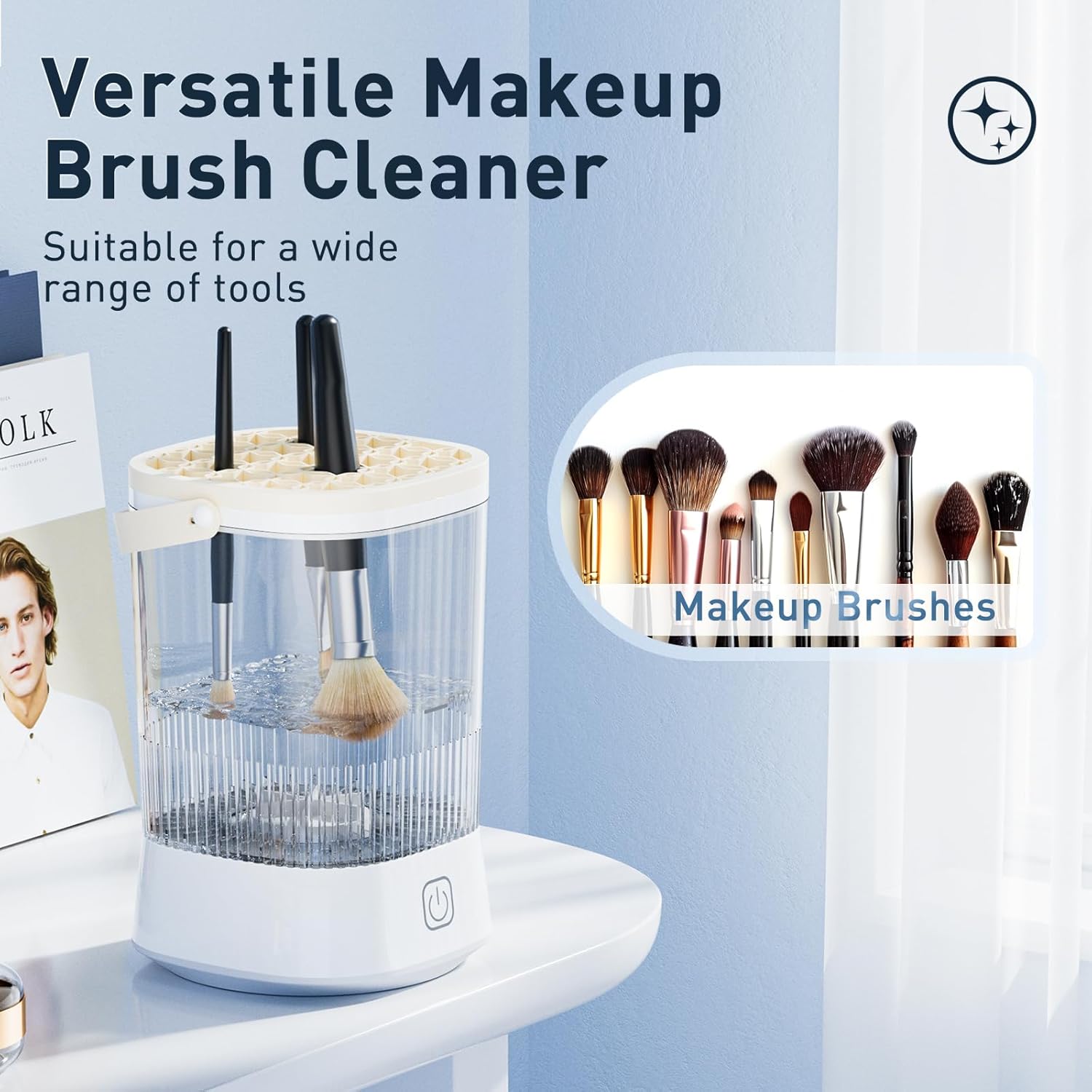 Electric Makeup Brush Cleaner - 9000 RPM Makeup Brush Cleaning Machine, IP65 Waterproof Automatic Makeup Brush Cleaner for Makeup Sponges and Brushes(White) - Image 3