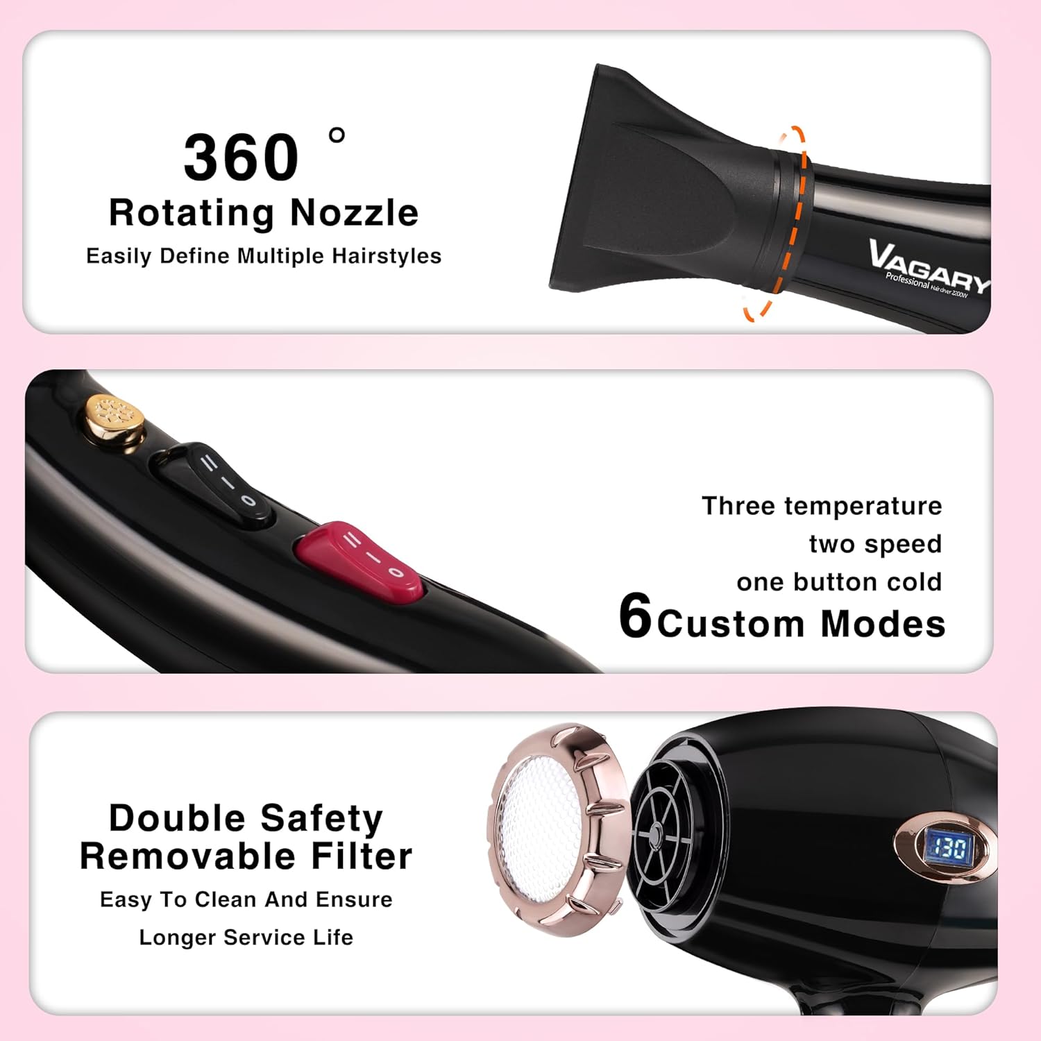 VAGARY Professional Salon 2200W Blower Dryer with Diffuser Concentrator Nozzles,Negative Ionic Blow Dryer,Low Noise Hair Dryers,2 Speeds and 2 Heat Settings 1 Cool Shot Button - Image 6