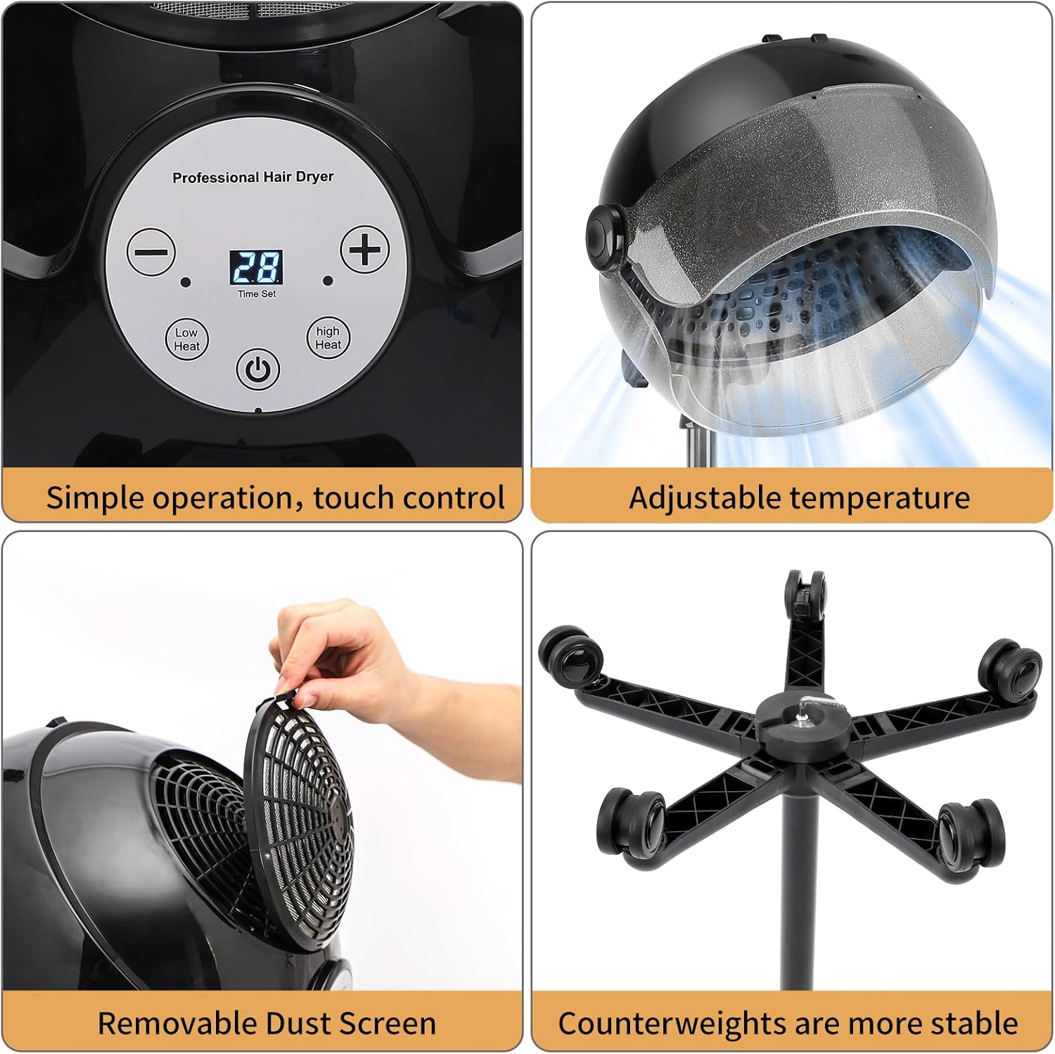 Hooded Hair Dryer, Adjustable Stand Hair Dryer on Wheels,Professional Ionic Bonnet Dryer with 3 Temperature Settings, for Salon, Spa or at Home Use - Image 6