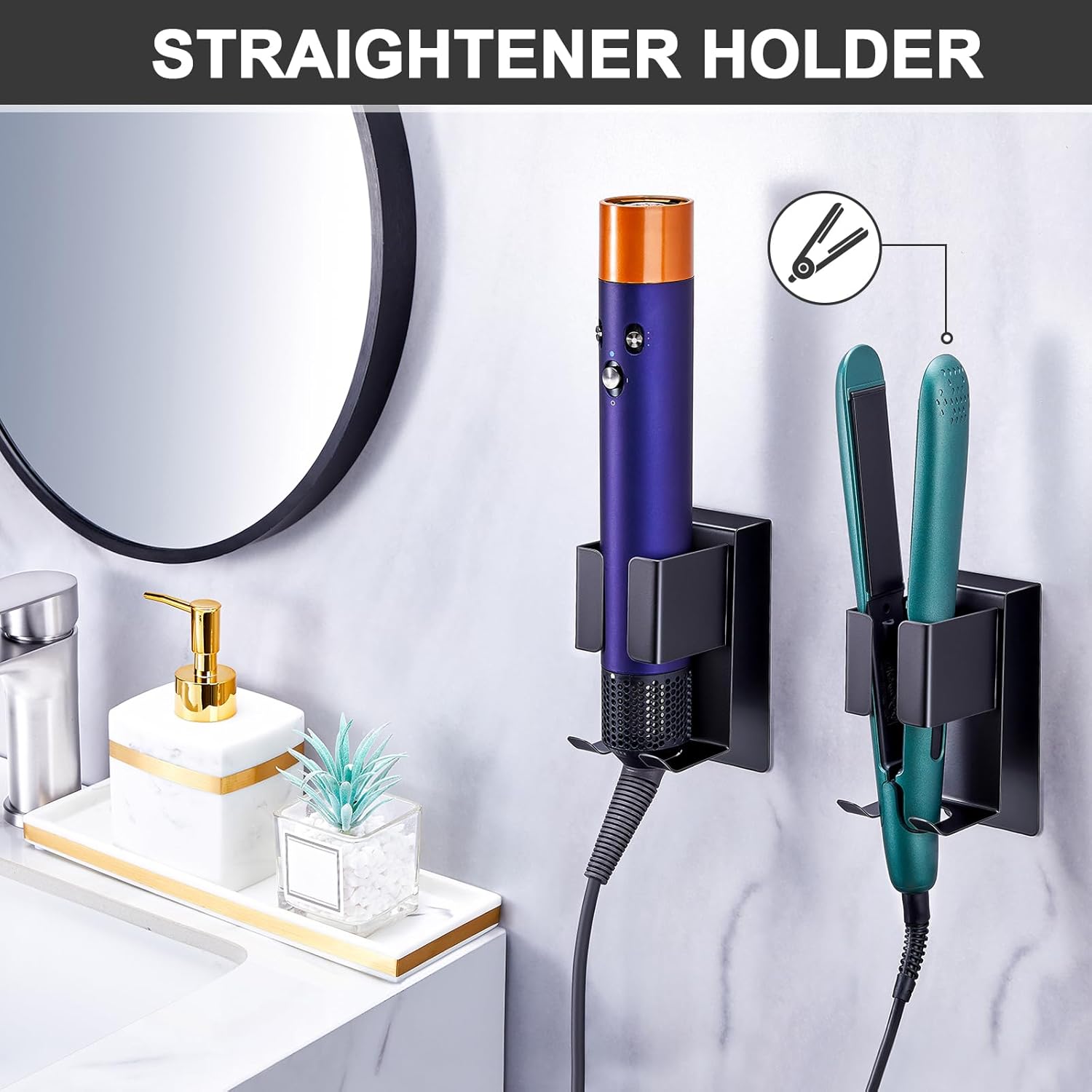Hair Straightener Holder Wall Mounted Blow Dryer Holder, Stainless Steel Blow Dryer and Curling Iron Holder, Black Hair Dryer and Straightener Holder, Bathroom Hair Tools Organizer and Storage - Image 3