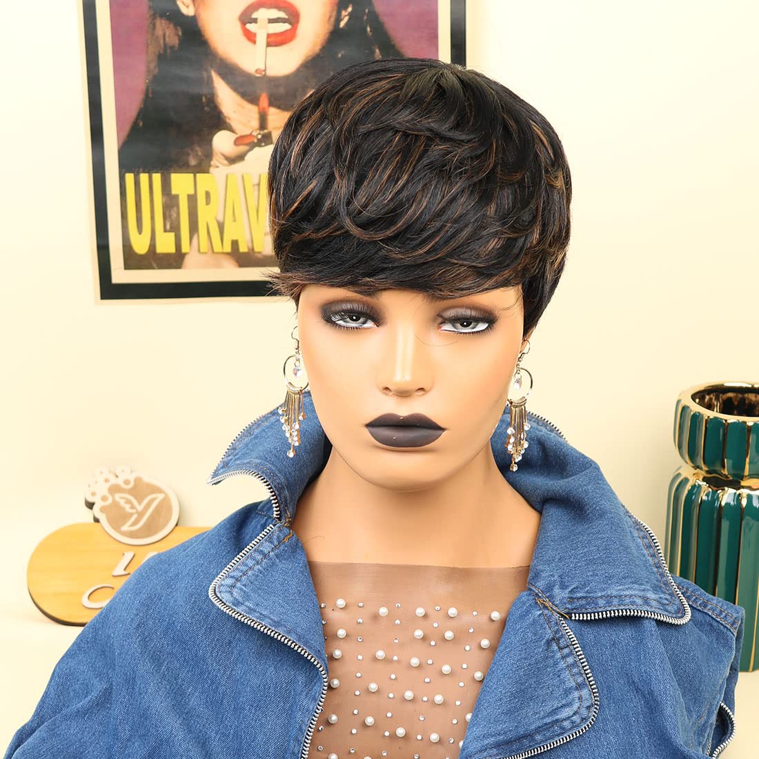 Short Layered Wavy Curly Wig with Bangs Brown Highlights Human Hair Pixie Cut Wig for Black Women Mixed Brown Color Daily Wear L1B/30 - Image 3