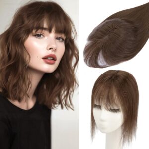 Rich Choices Hair Toppers for Women Real Human Hair 360°3D Clip in Bangs 100% Remy Human Toppers with Bang for Thinning 150% Density Upgrade Extended 2"*6"Lace Base 08 Inch #2R Chocolate Brown