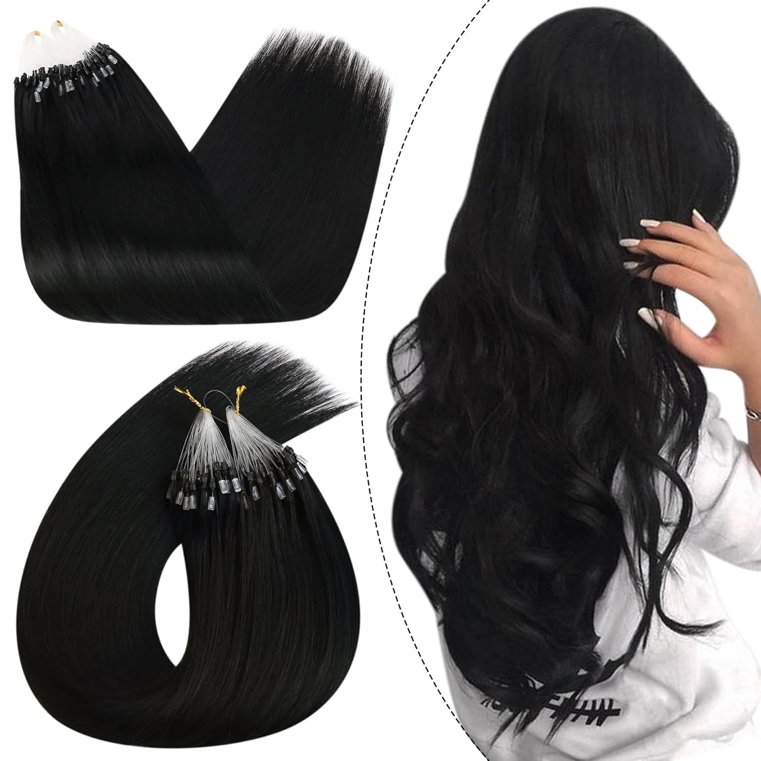 Ugeat Black Microlink Hair Extensions Human Hair Jet Black Micro Bead Hair Extensions Real Human Hair Invisible Micro Loop No Glue Needed by Cold Fusion for Women Long Length 24 Inch 50G 50S