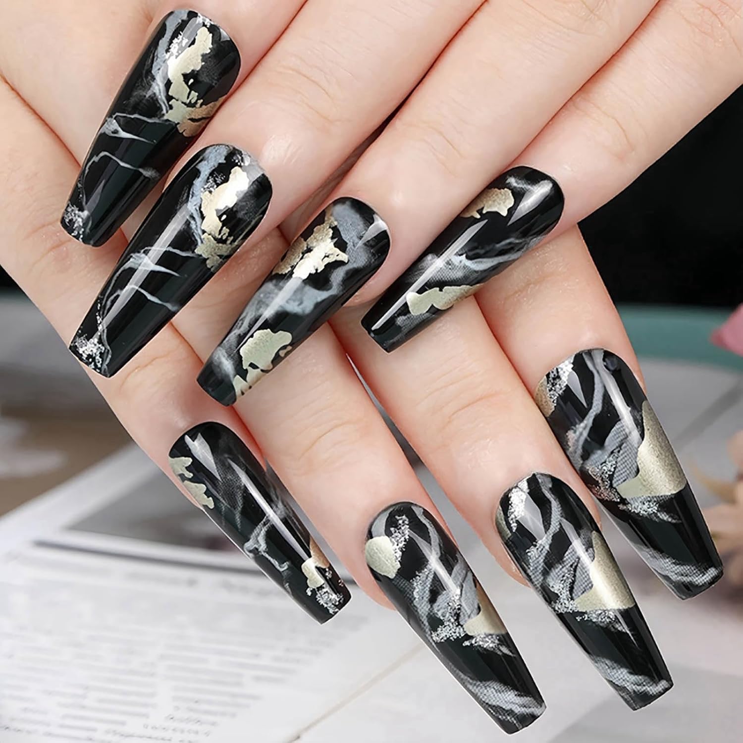 Medium Press on Nails Coffin Fake Nails Black Ombre Glue on Nails Marble Nails Press ons Glitter Acrylic Press on Nail Swirl Artificial Nails Glossy Stick on Nails for Women and Girls 24Pcs - Image 4
