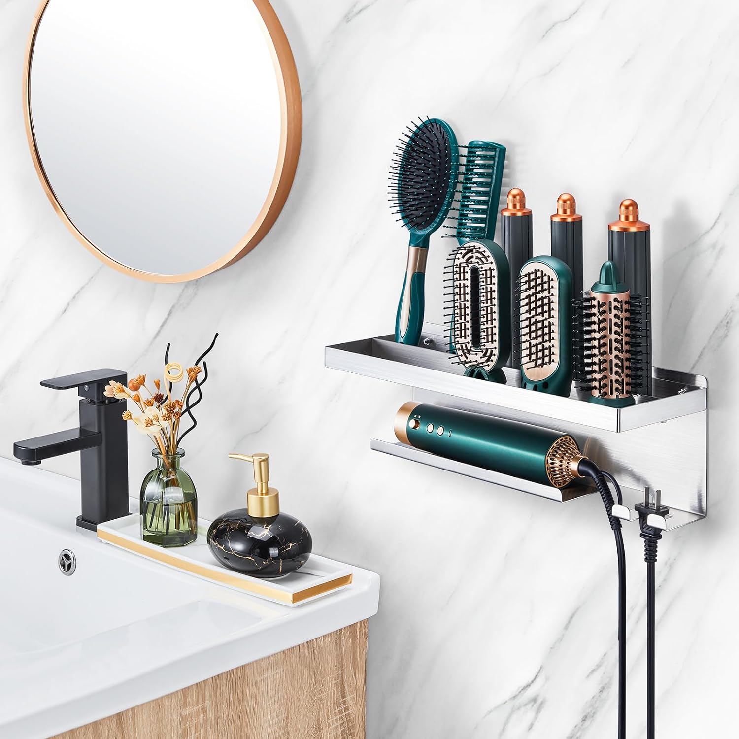 Stainless Steel Wall Mount Hair Dryer Holder and Curling Iron Organizer for Bathroom Storage - Image 2