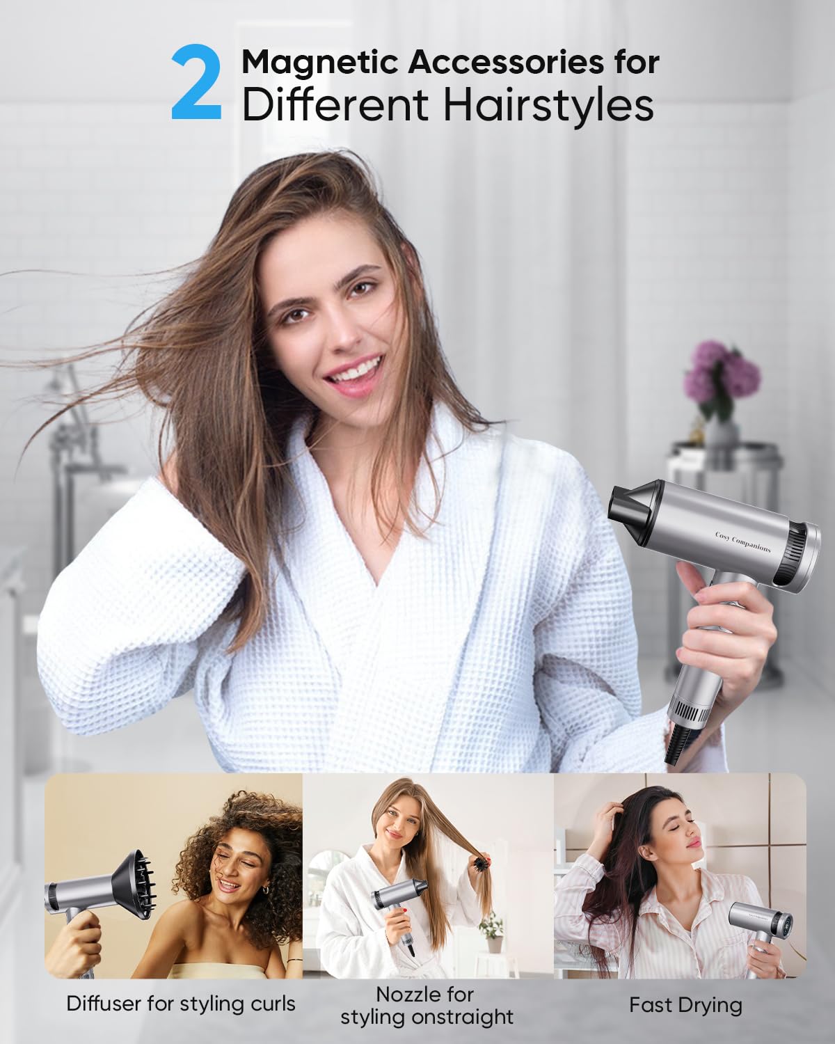 Hair Dryer - High-Speed 150,000 RPM Hairdryer for Fast Drying, 500Million Negative Ionic & Thermo-Control & Cool Shot Button & Lightweight & HD Display Blow Dryer with Magnetic Diffuser & Nozzle - Image 7