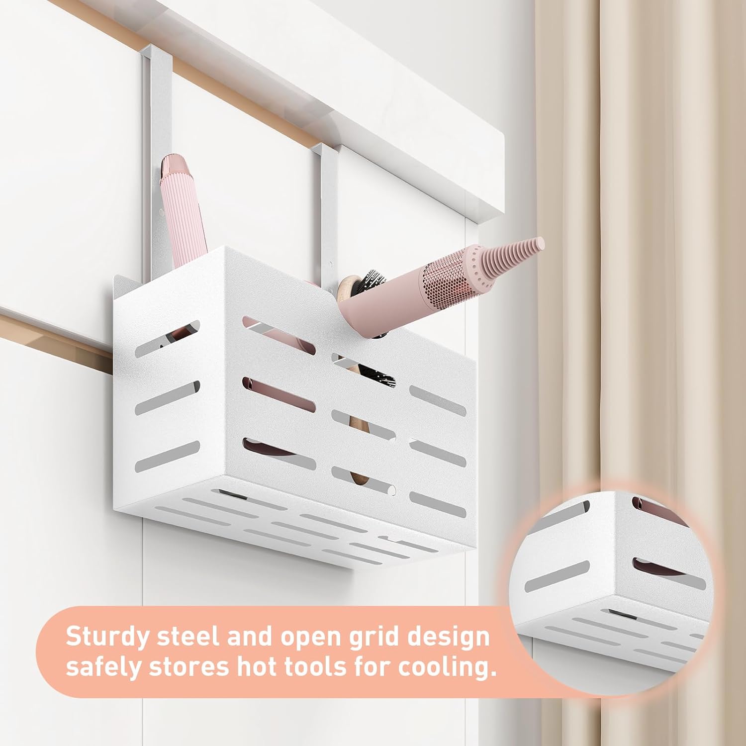 FLE Hair Tool Organizer, Hair Dryer Holder Cabinet Door, Blow Dryer Holder Over Cabinet Door Organizer and Storage for Curling(White) - Image 4