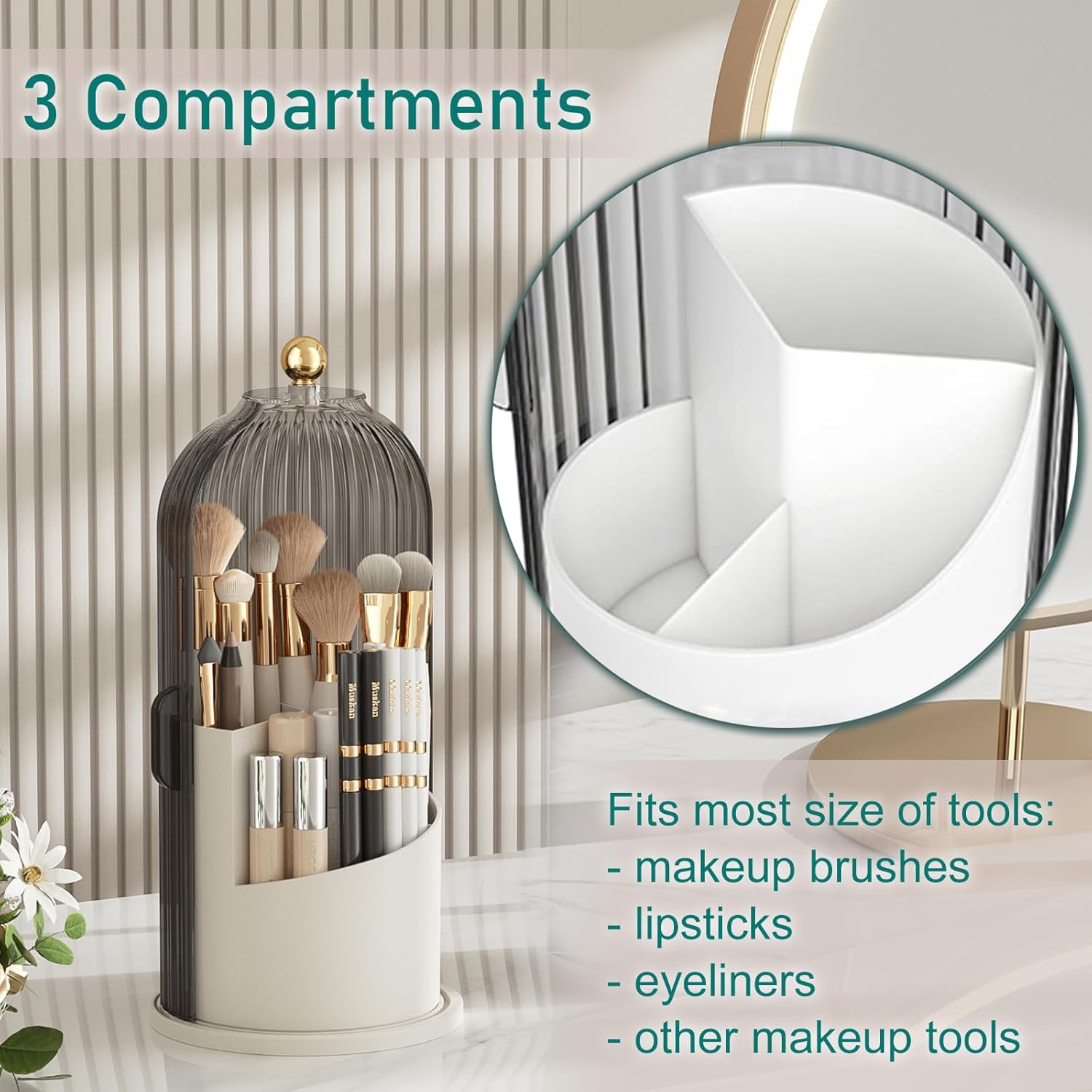 GAXmi Makeup Brush Holder with Lid Cosmetic Tools Organizer 360 Rotating Waterproof Dustproof Makeup Brushes Storage for Vanity, Grey - Image 4