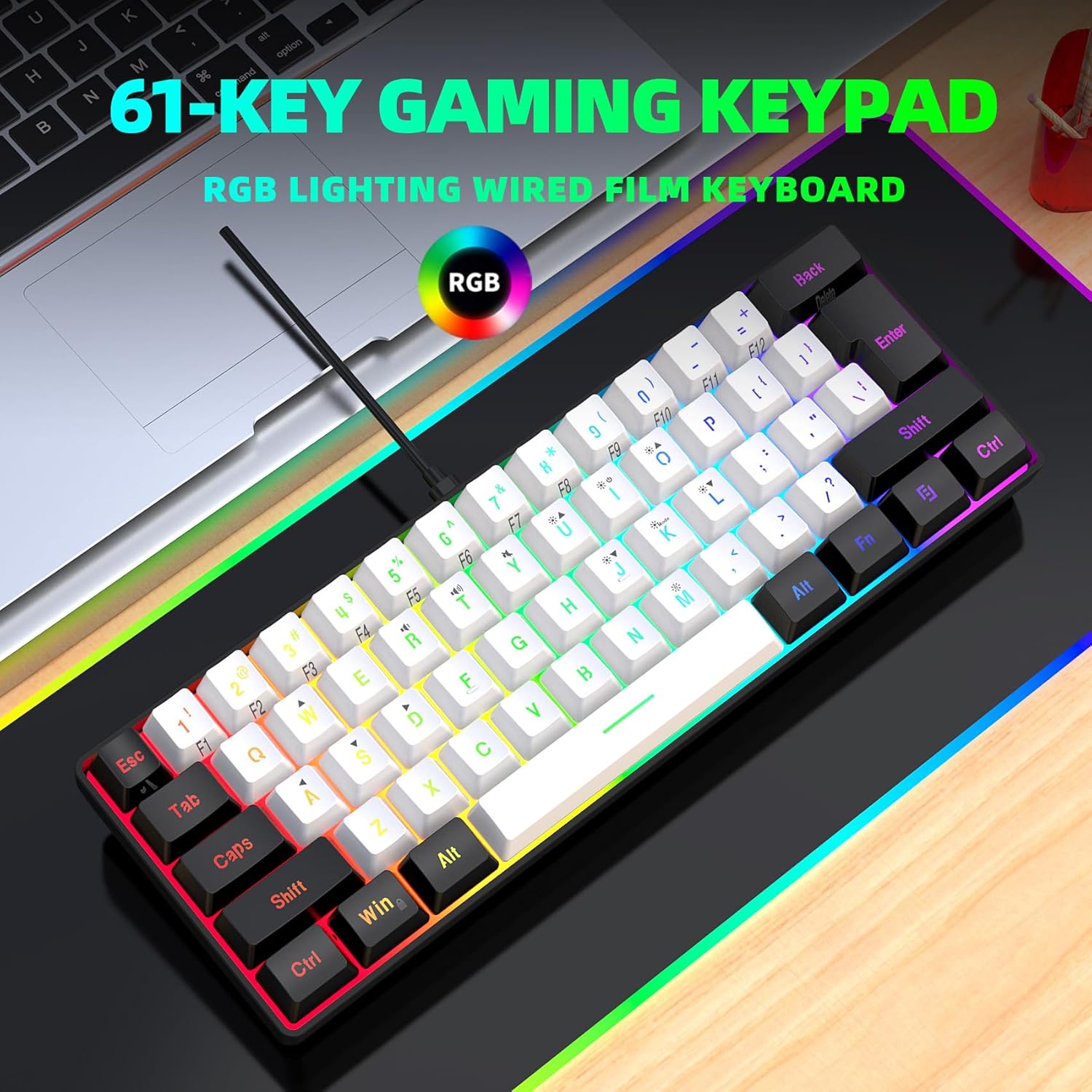 Snpurdiri 60% Wired Gaming Keyboard, 61 Keys RGB Backlit Ultra-Compact Small Gaming Keyboard, for PC/Mac Gamer, Typist, Travel, Easy to Carry on Business Trip(Black-White) - Image 7