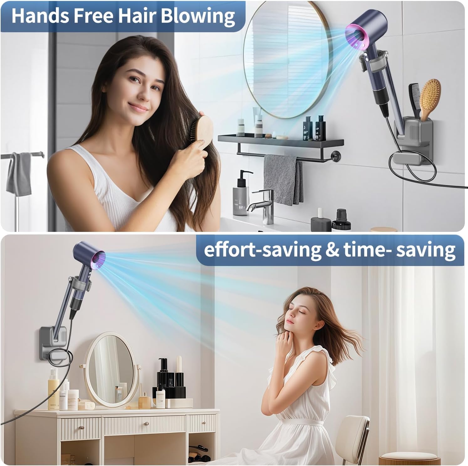Hands Free Hair Dryer Holder Wall Mount, Adjustable Bathroom Blower Dryer Holder Wall Mounted Hook Rack, Vanity Cabinet Door Hanger Storage, Suitable for Most Walls, Hair Dryers, with Cord Organizer - Image 2
