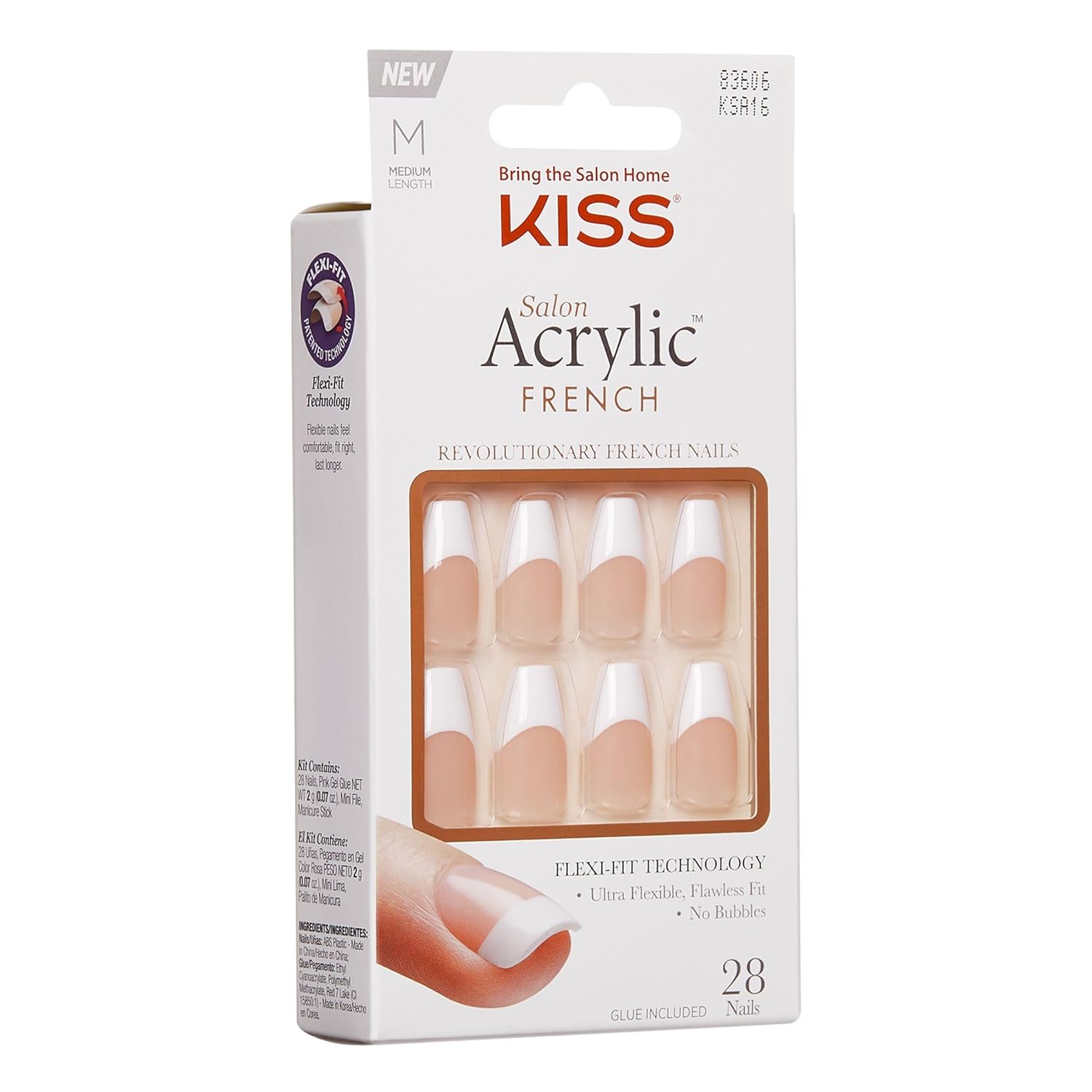 KISS Salon Acrylic French Nail Manicure Set, Medium Length, Square, “Je T'aime”, Nail Kit Includes Pink Gel Nail Glue (Net Wt. 2 g / 0.07oz.), Mini File, Manicure Stick, and 28 Fake Nails - Image 2