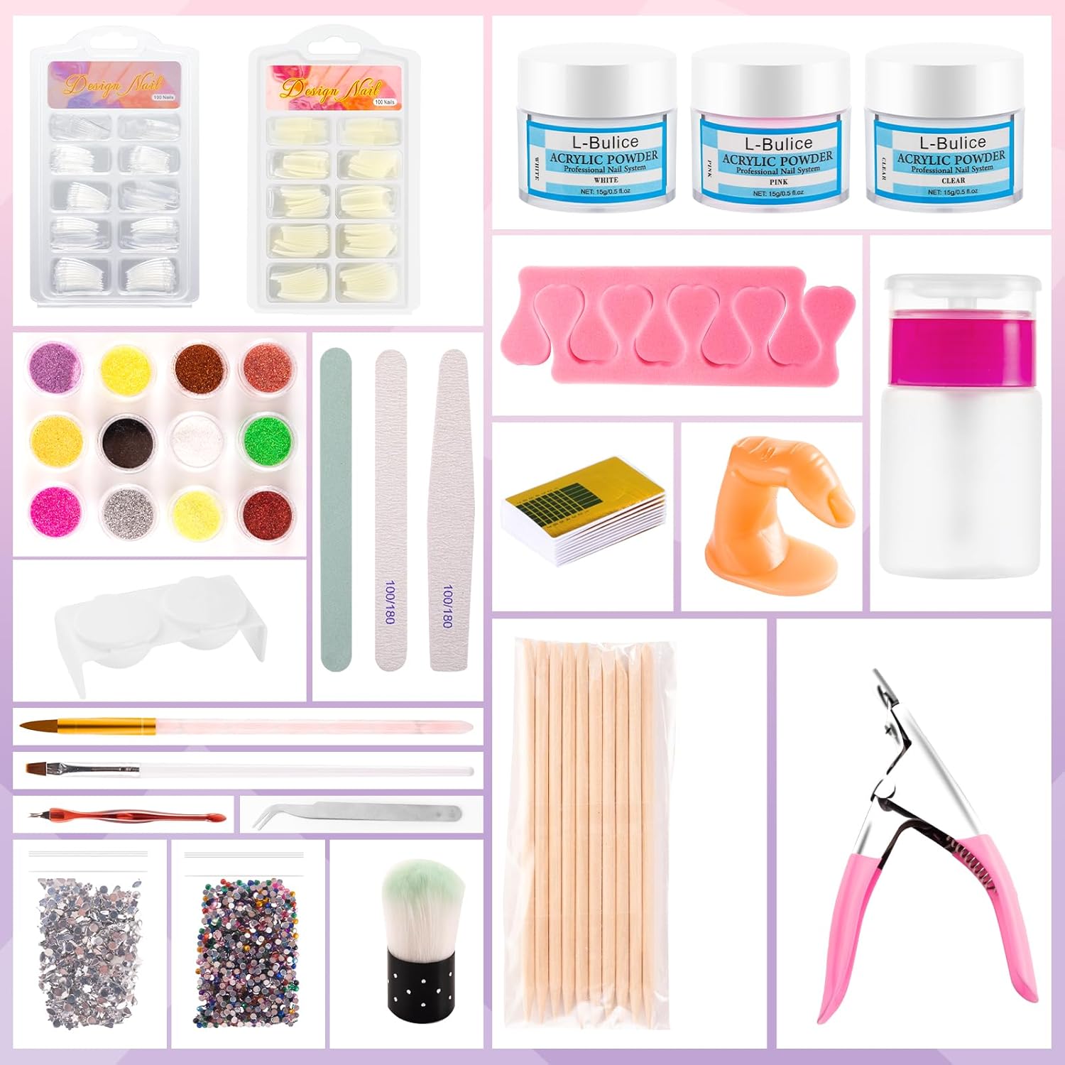 Acrylic Nail Kit for Beginners with Everything Professional, 12 Glitter Powder Nail Kit Acrylic Set, Nail Care Art Design Tip Brush Clipper File Supplie, DIY Tool - Image 3