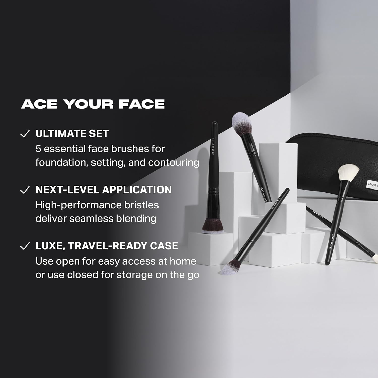 Morphe Face The Beat Makeup Brushes - 5 Piece Makeup Brush Set with Foundation, Blush, Contour & Blending Brushes - Made with Synthetic Bristles & Includes Makeup Brush Case (5 Count) - Image 2