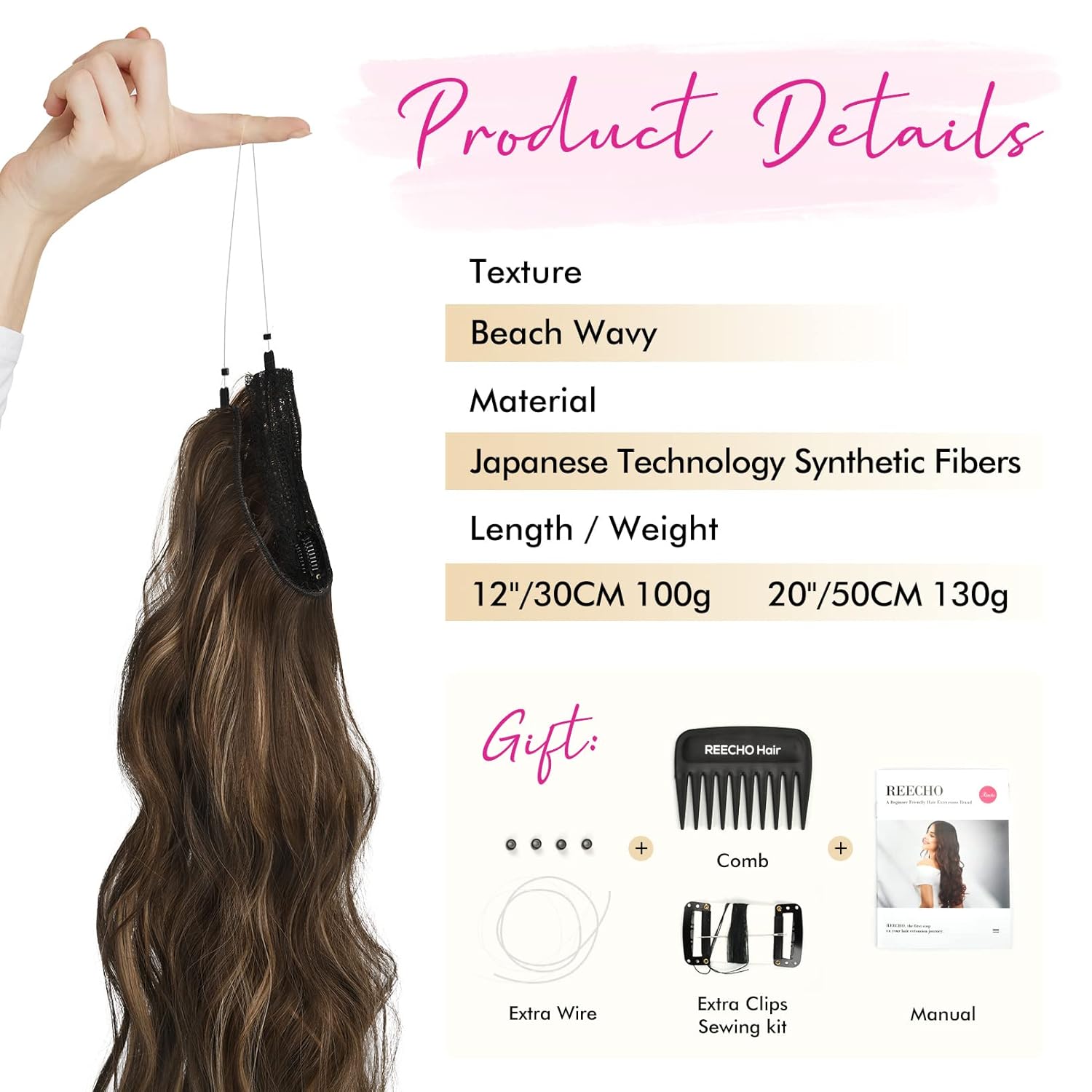 REECHO 12 Inch Invisible Wire Hair Extensions Chocolate Brown Blonde Highlights Single Pack - Image 5