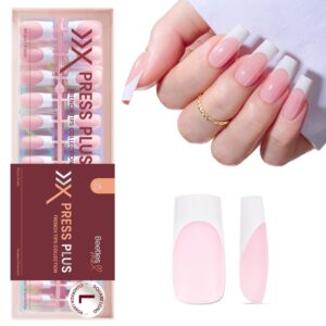 Beetles French Tip Press on Nails Long Square Salon Quality, White French Pink Gel Nail Tips 15 Sizes, Etch X Pre-Primer No Need to File Tips Soak Off Acrylic Nails Extensions DIY Nail Art for Women