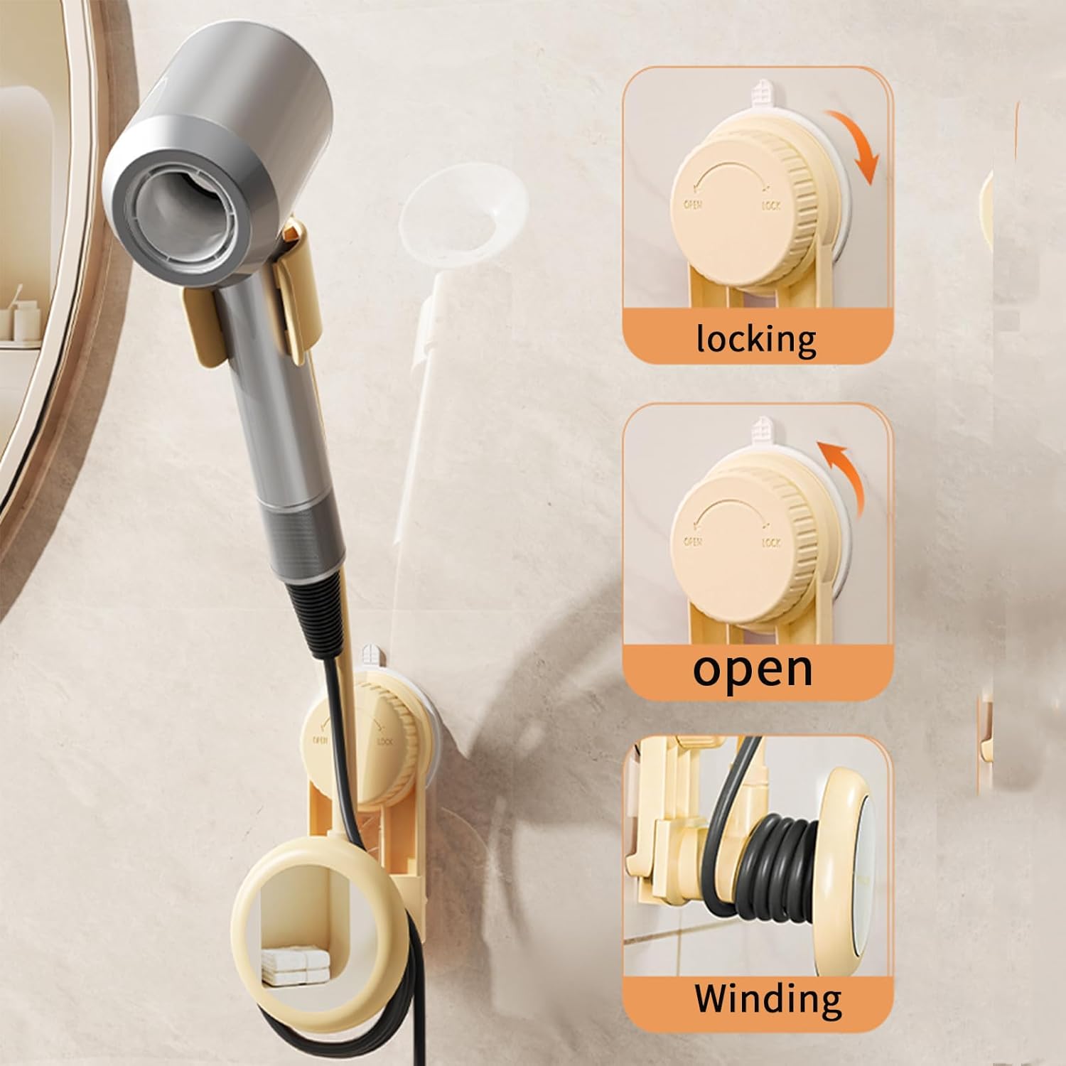 Hands-Free Hair Dryer Holder Wall Mounted with 360° Adjustable Hose, Suction Cup Installation, Built-in Mirror, and Cord Organizer for Blow Dryer, Curling Iron, No Drilling Required - Image 16