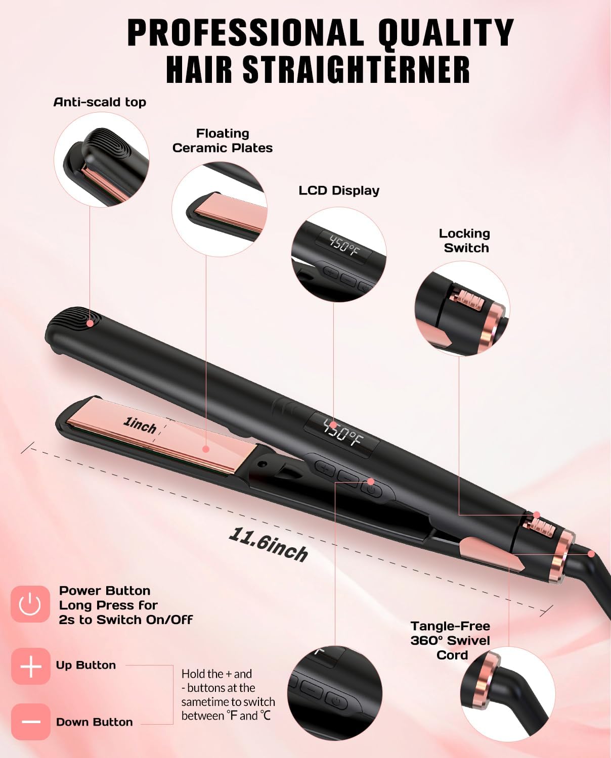 Flat Iron Hair Straightener, Ceramic Hair Straightener and Curler 2 in 1, Rapid 30-Second Heat-Up Hair Straightening Iron with Floating Plates for Less Frizz, Shinier & Smoother Hair - Image 7