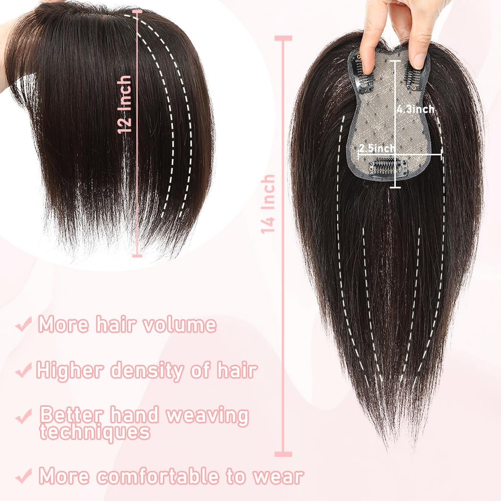 Toppers for Women Real Human Hair, 3D Human Hair Toppers for Women with Thinning Hair 165% Density Middle Part Clip in Bangs Toppers Hair Pieces (Dark Brown, Wispy Bangs) - Image 2
