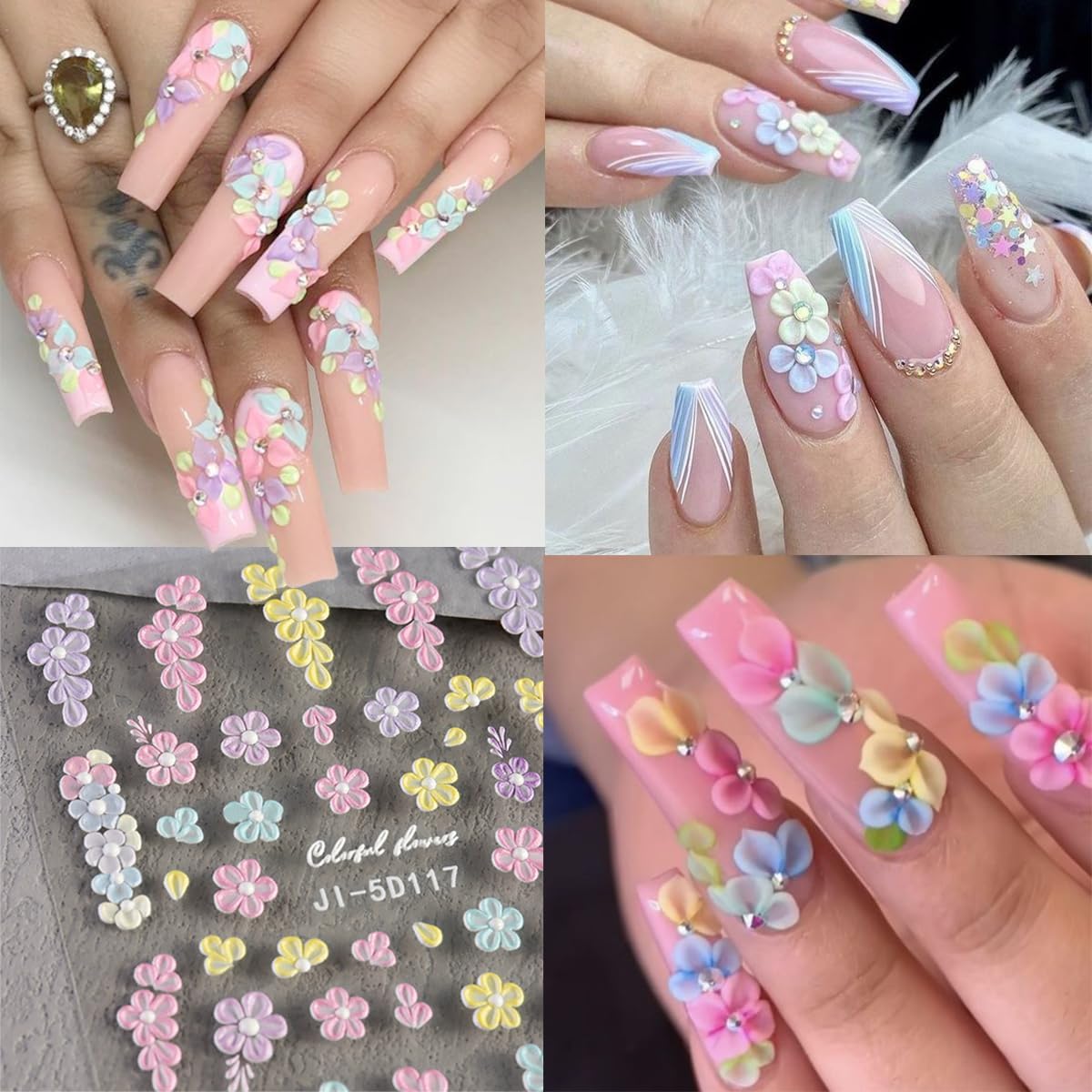 Flower Nail Art Stickers 5D Embossed Pink White Flower Nail Decals Luxury Colorful Five Petal Floral Nail Design Stickers Summer Butterfly Nail Art Supplies Heart Nail Stickers for Women Manicure-3Pcs - Image 6