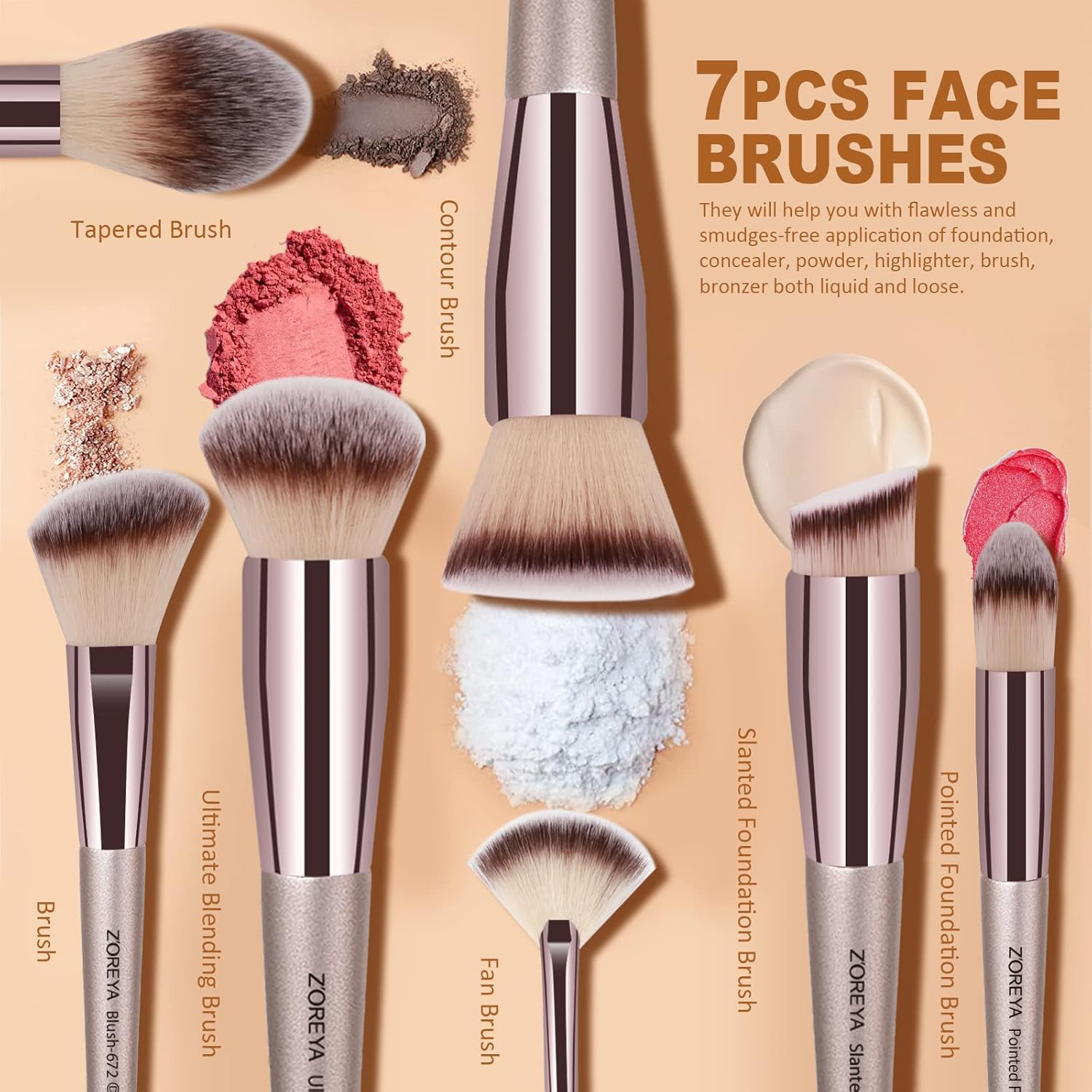 ZOREYA Makeup Brushes, 15 Pcs Professional Premium Synthetic Brush Set, Foundation Concealer Eyeshadow Blush Makeup Brush Set (Champagne Gold) - Image 5