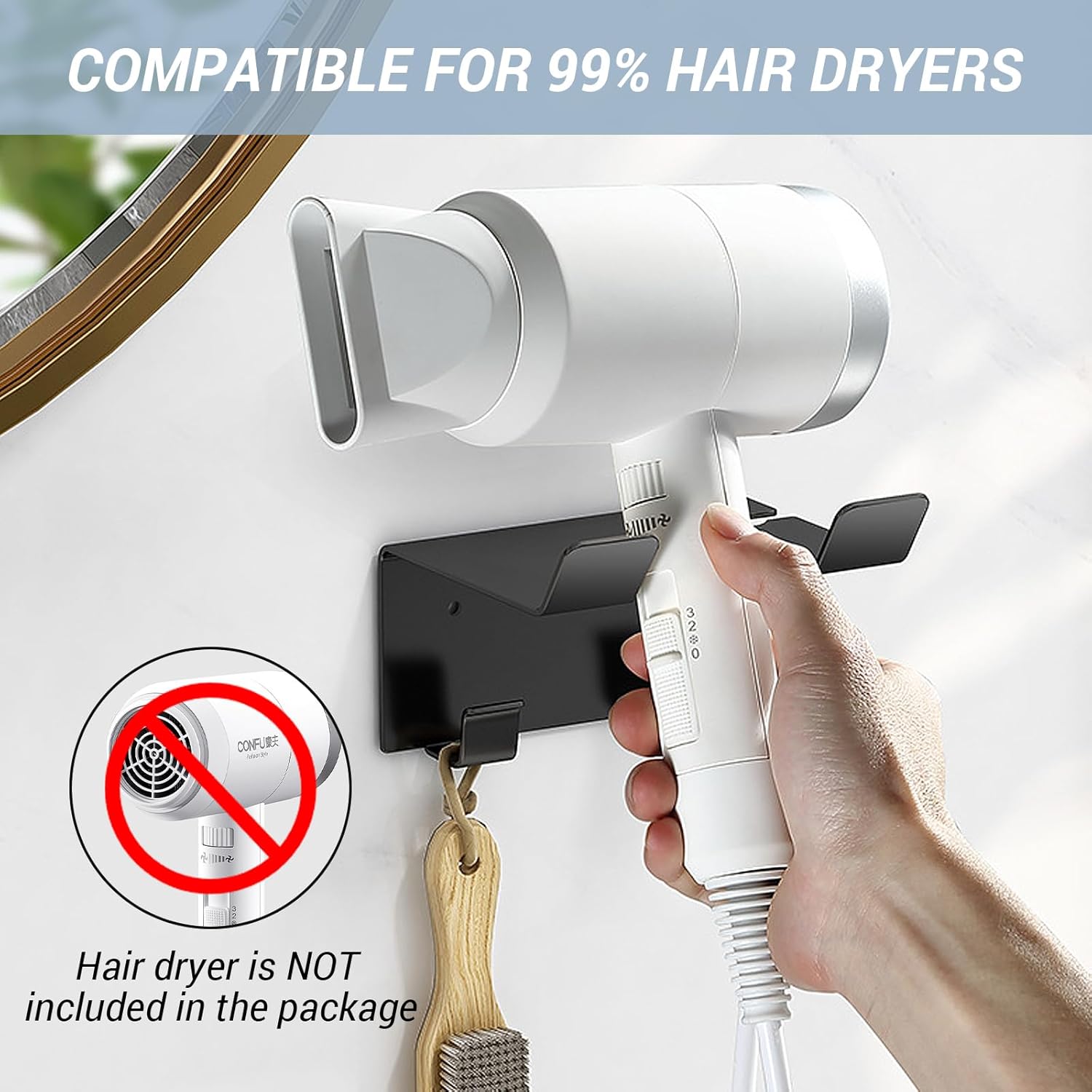 Hair Dryer Holder Wall Mount, Hair Dryer Holder Wall Mount, Upgraded Stainless Steel Hair Dryer Holder, Hair Dryer Holder Maximum Diameter 2.3 Inch (Compatible with Most Hair Dryers) - Image 3