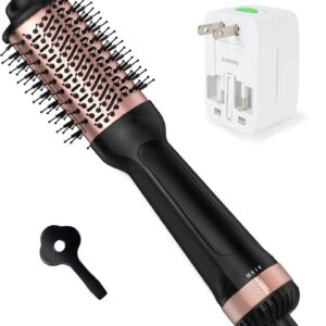 Dual Voltage Hair Dryer Brush,Travel Blow Dryer Brush for Blowout Look with Universal Power Adapter, One-Step Hot Air Brush Volumizer,Smoothing,Dryer,125V/220V