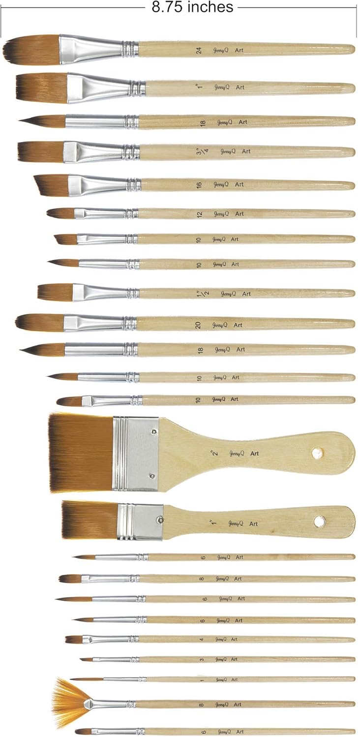 24 Pcs Artist Paint Brush Set with Free Carry Pouch for Watercolor, Acrylic, Oil and All Media, Suitable for Canvas, Paper, Ceramic, Golden Nylon Hair, Wood Handles JQ-B24 - Image 5