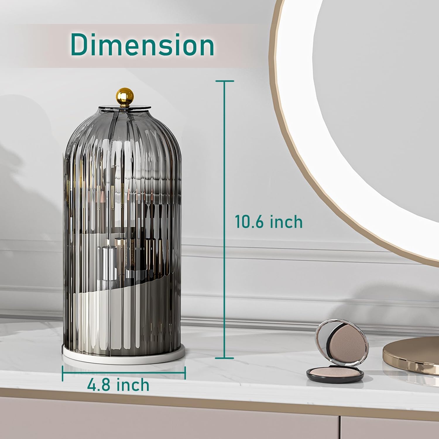 GAXmi Makeup Brush Holder with Lid Cosmetic Tools Organizer 360 Rotating Waterproof Dustproof Makeup Brushes Storage for Vanity, Grey - Image 7