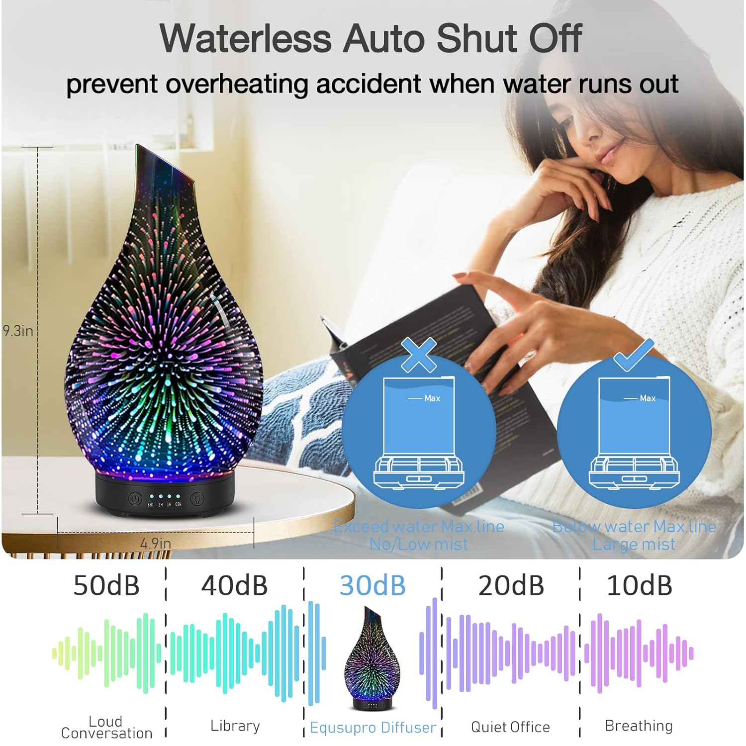 Essential Oil Diffuser Aromatherapy Diffuser- 120 ml Glass Ultrasonic Cool Mist Oil Diffuser, Whisper Quiet with Waterless Auto Shut-Off, 4 Timer Setting,7 Colors Night Light for Home (Silver) - Image 6