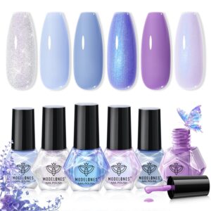 Modelones Nail Polish, 6 Colors 2025 Spring Summer Baby Blue Purple Nail Polish Set Shimmer Glitter Sliver Fast Drying Mini Nail Lacquer Kit Finger Manicure DIY Nail Art Home Salon Gift for Women Girl