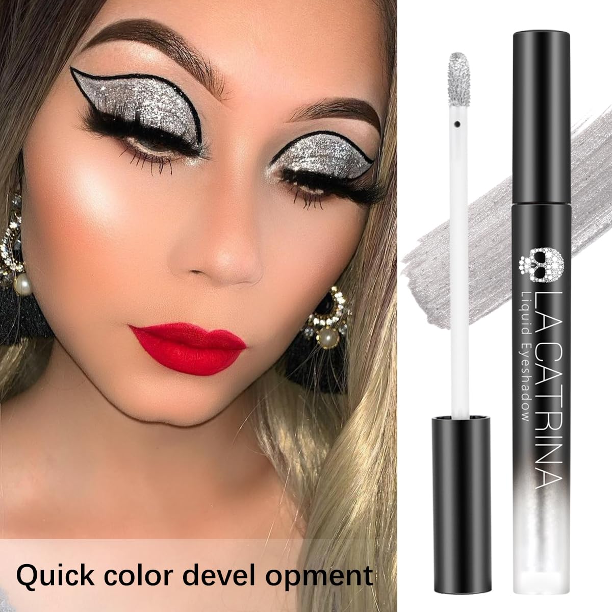 Silver Liquid Eyeshadow - Glitter Shimmer Sparkle Glow Silvery Eye shadow Makeup, High-impact Pigmented, Long Lasting, Waterproof Liquid Metallic Eyeshadow, Easy to Apply & Quick Drying - Image 2