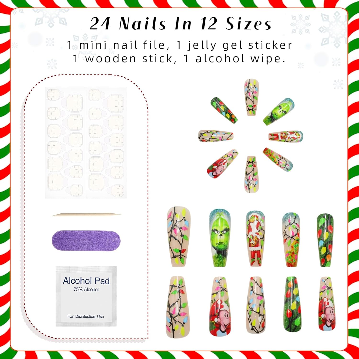 24 Piece Medium Square Winter Acrylic Christmas Press On Nails Set for Women - Image 3
