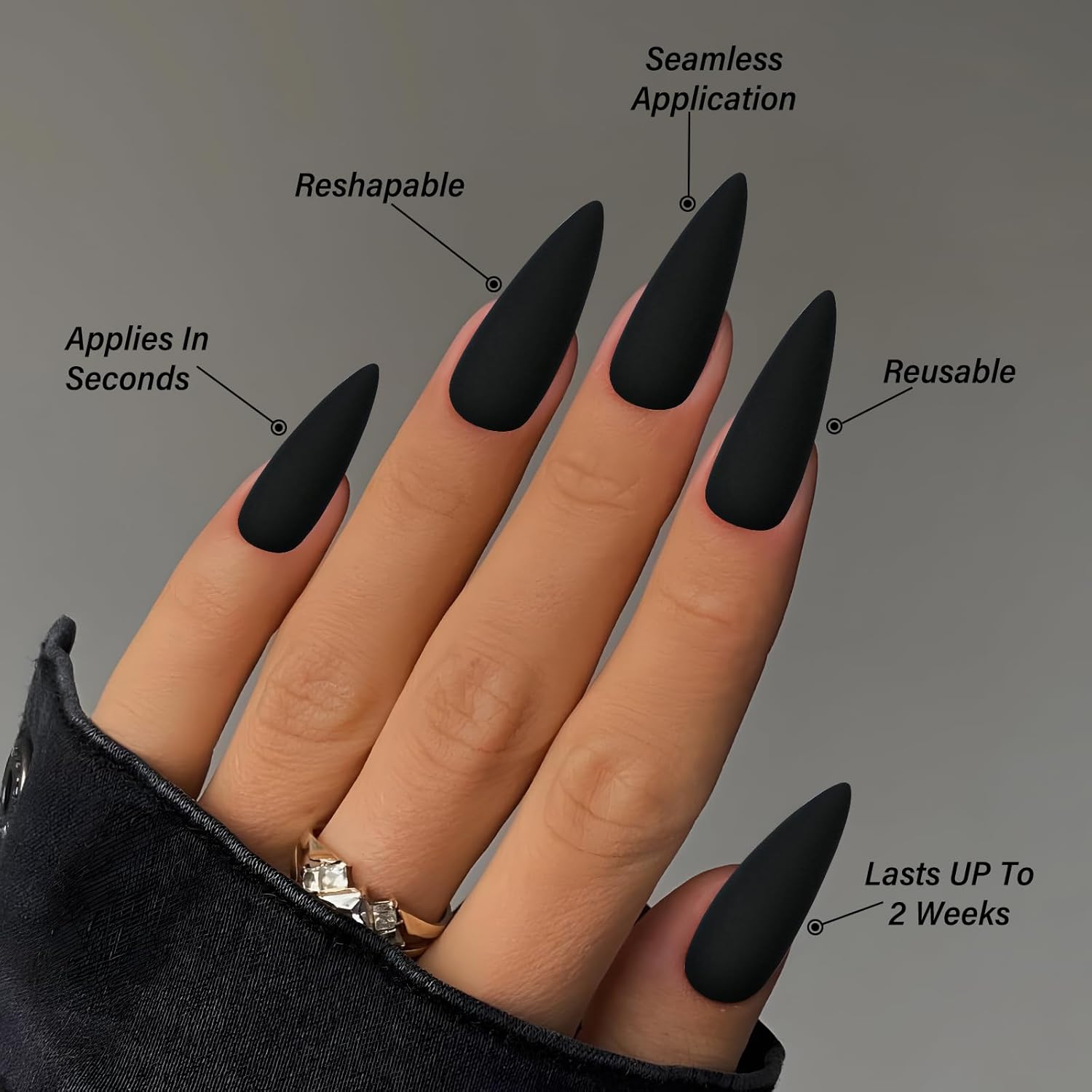 LoveOurHome 100pc Stiletto Press on Nails Long Matte Artificial False Nails Full Cover Acrylic Nail Tips Halloween Manicure Design Decor for Women Girls Salon Home DIY (Black) - Image 6