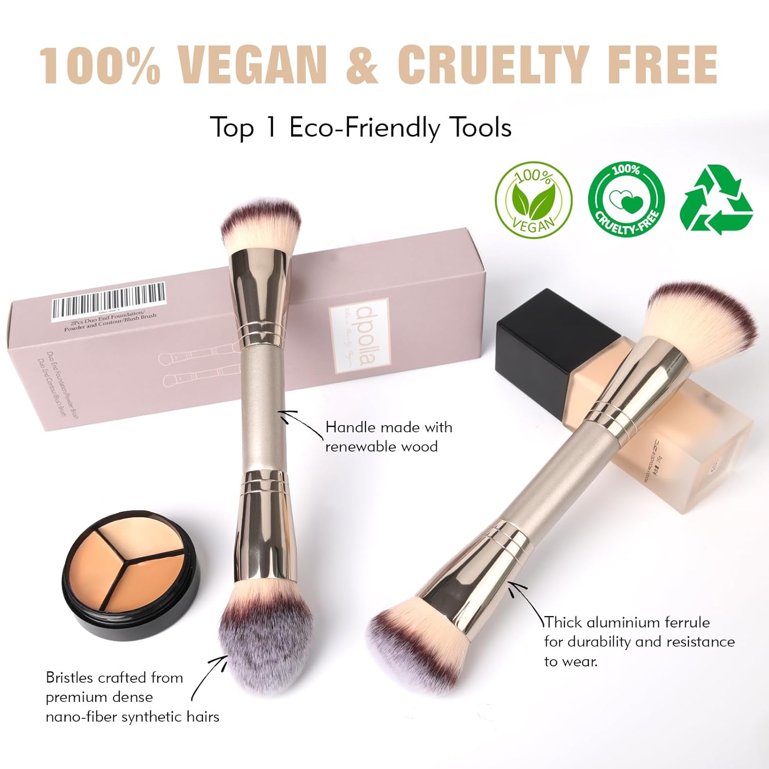 Foundation Makeup Brushes, 2Pcs Premium Dual-Ended Makeup Brush (Foundation, Powder, Blush & Contour Brushes) for Buffing Liquid, Cream, Powder, Blending Face Brush, Fit for Home, Travel & Gifting - Image 6