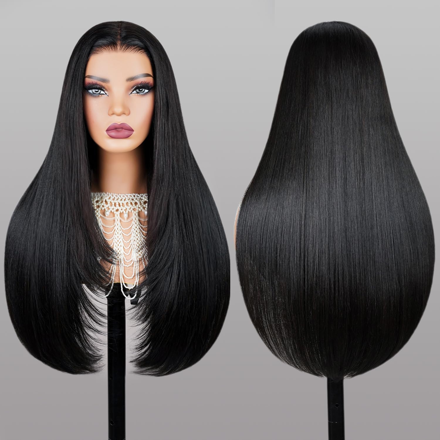 TESLAL Blend Wigs Human Hair Glueless Wear and Go Glueless Wigs Human Hair Pre Plucked Pre Cut Layered Wig Straight 6X6 Synthetic and Human Hair Blend Wig 20Inch Black Color 260% Density - Image 9
