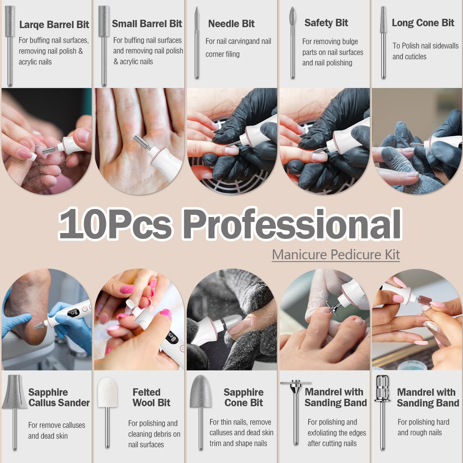 Nail Drill Electric Nail File, with 120*Sanding Bands - 10 Speeds Cordless Manicure Pedicure Kit with LED Light, Portable Nail Drill for Natural & Acrylic Nails, Human & Pet Thick Toenails (White) - Image 5