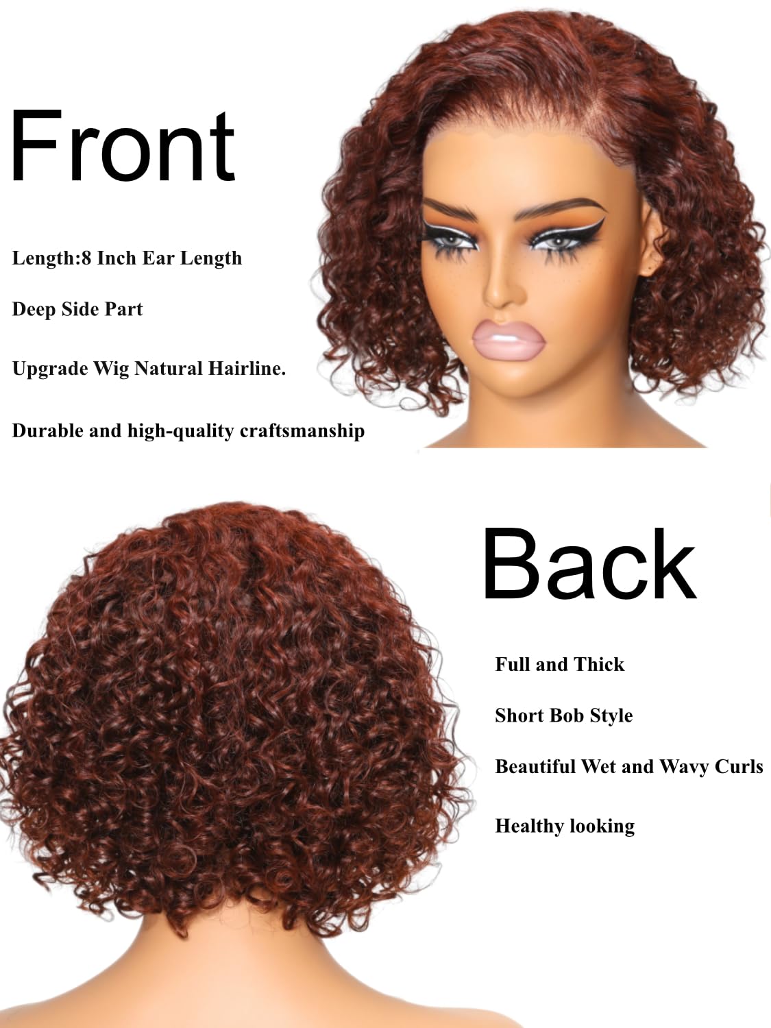 UNICE 8 inch Short Curly Beyond Basics Bob Wig Human Hair Bye Bye Knots Glueless Wigs Pre Plucked Pre Cut 7x5 HD Lace Closure Ready to Go Wig Reddish Brown Color - Image 5